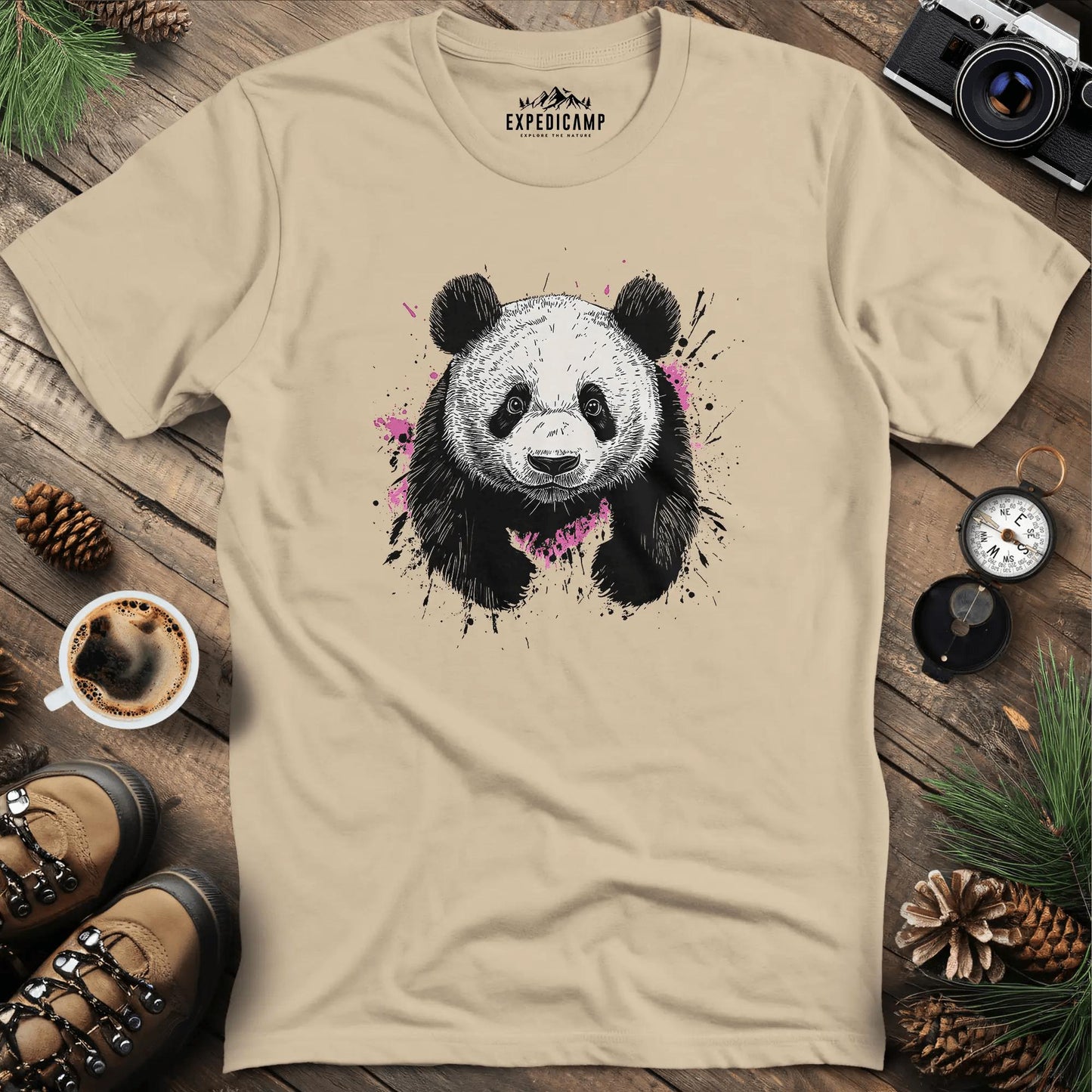 Artistic Ink-Splatter Panda T-Shirt – Sand – Outdoor apparel for travel, hiking, camping, and nature lovers – ExpediCamp