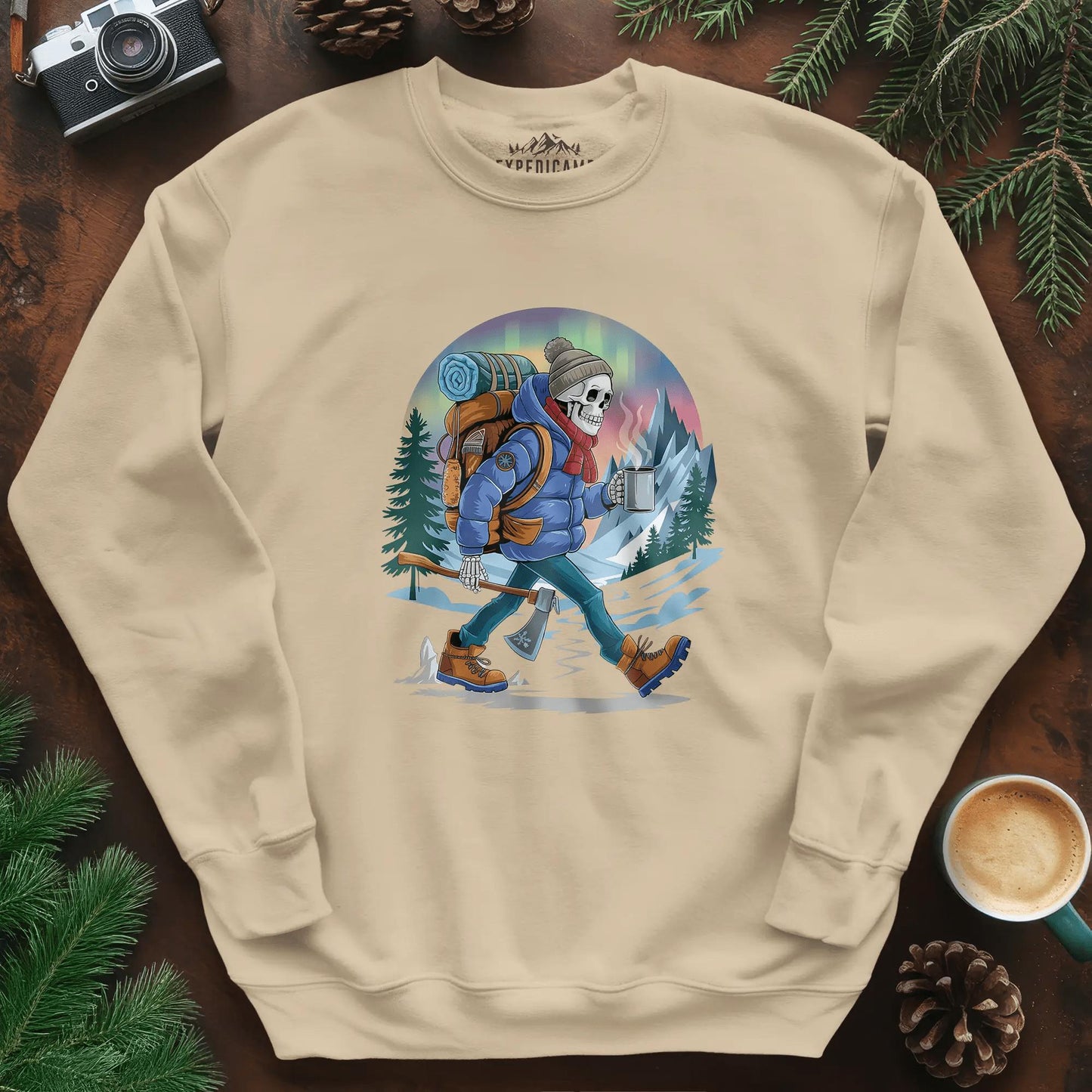 Aurora Skeleton Hiker Sweatshirt – Sand – Outdoor apparel for travel, hiking, camping, and nature lovers – ExpediCamp
