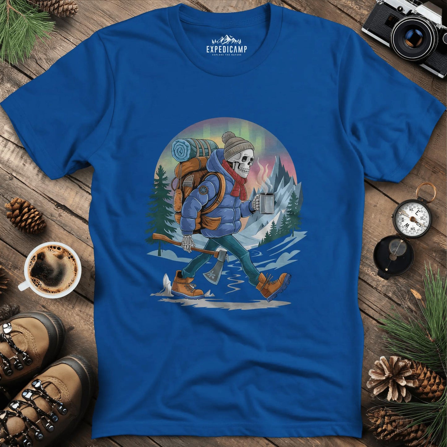 Aurora Skeleton Hiker T-Shirt – Royal – Outdoor apparel for travel, hiking, camping, and nature lovers – ExpediCamp