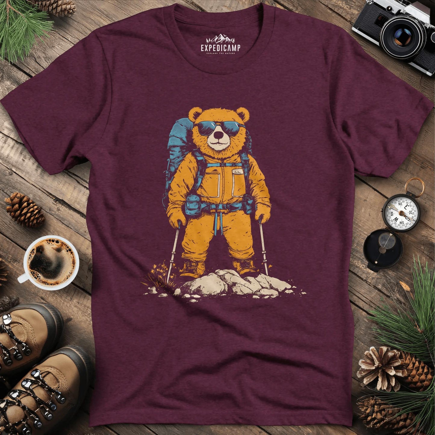 Backpacking Bear T-Shirt – Cool Hiking Bear Adventure Design – Heather Maroon – Outdoor apparel for travel, hiking, camping, and nature lovers – ExpediCamp