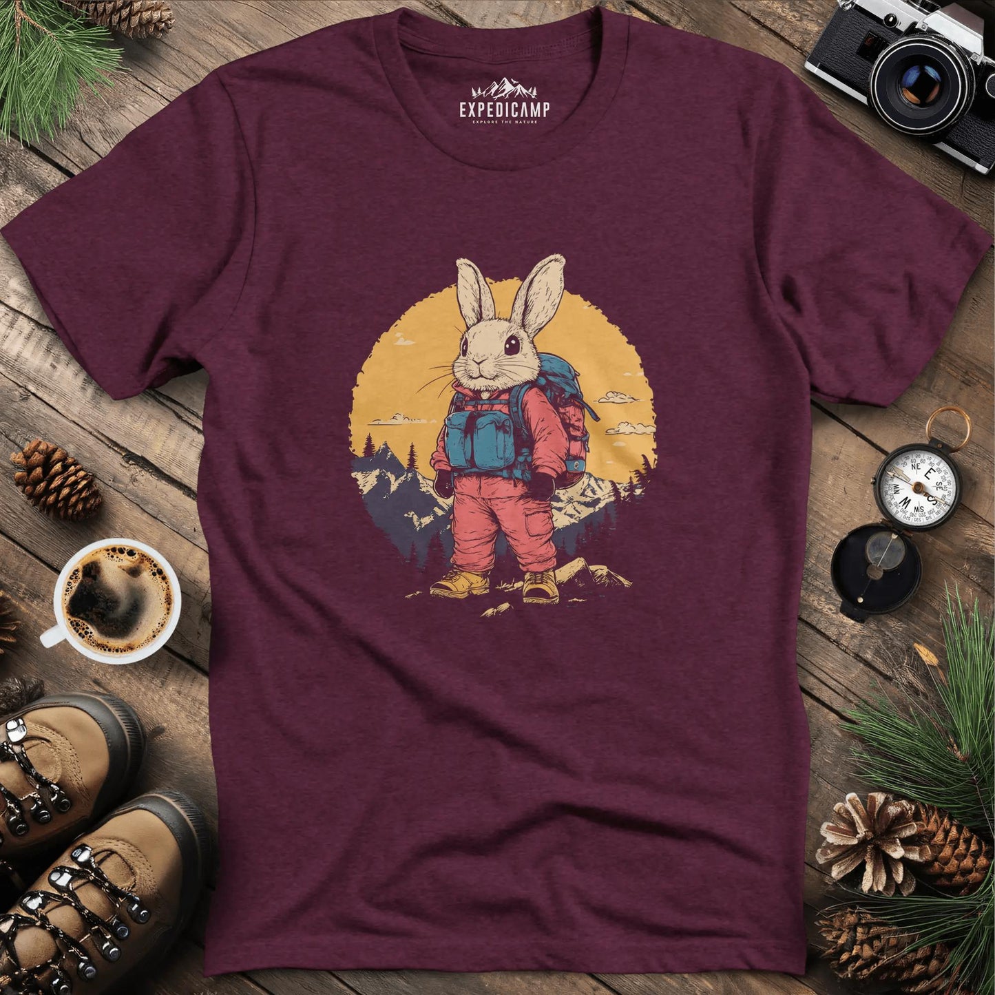 Backpacking Bunny T-Shirt – Cute Rabbit on an Outdoor Adventure – Heather Maroon – Outdoor apparel for travel, hiking, camping, and nature lovers – ExpediCamp