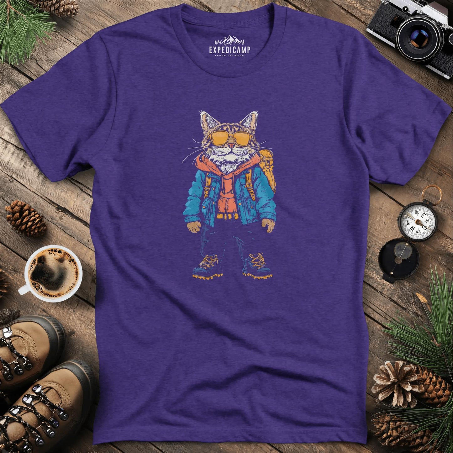 Backpacking Cat T-Shirt – Stylish Feline Adventure Design – Heather Purple – Outdoor apparel for travel, hiking, camping, and nature lovers – ExpediCamp