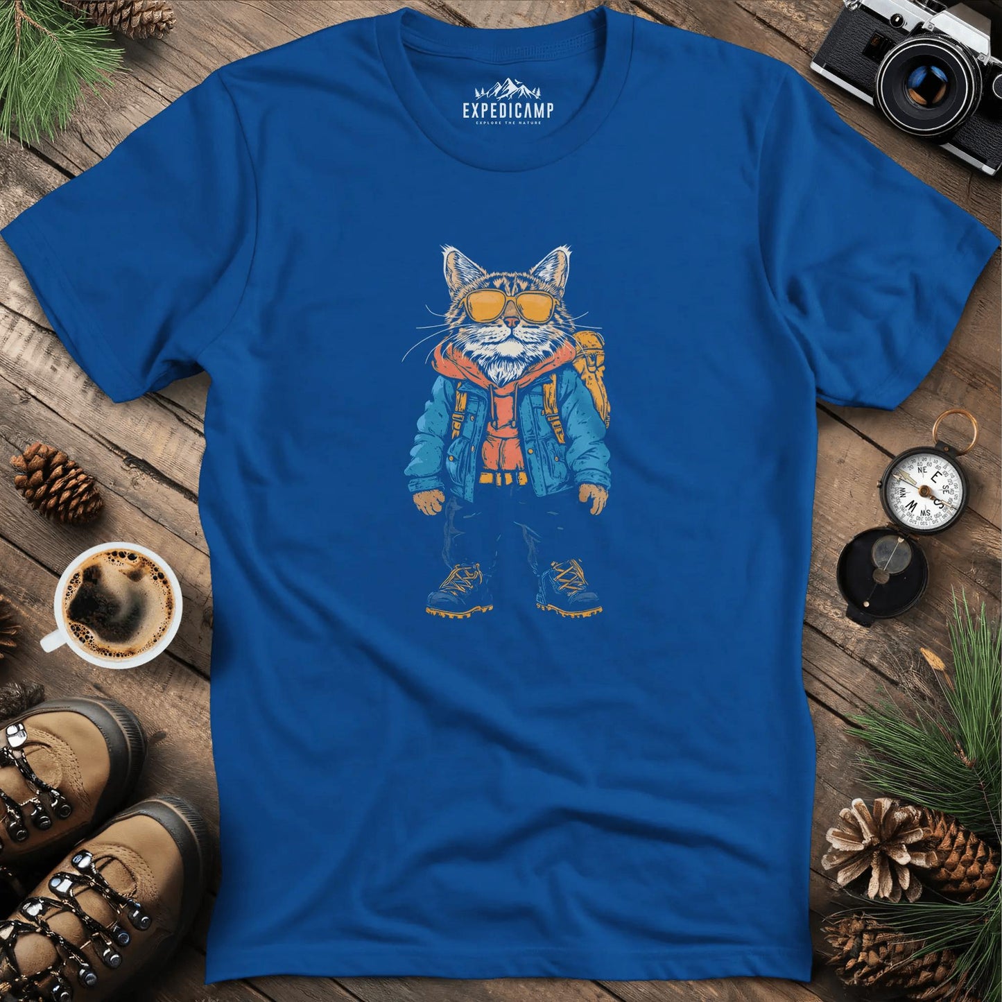 Backpacking Cat T-Shirt – Stylish Feline Adventure Design – Royal – Outdoor apparel for travel, hiking, camping, and nature lovers – ExpediCamp
