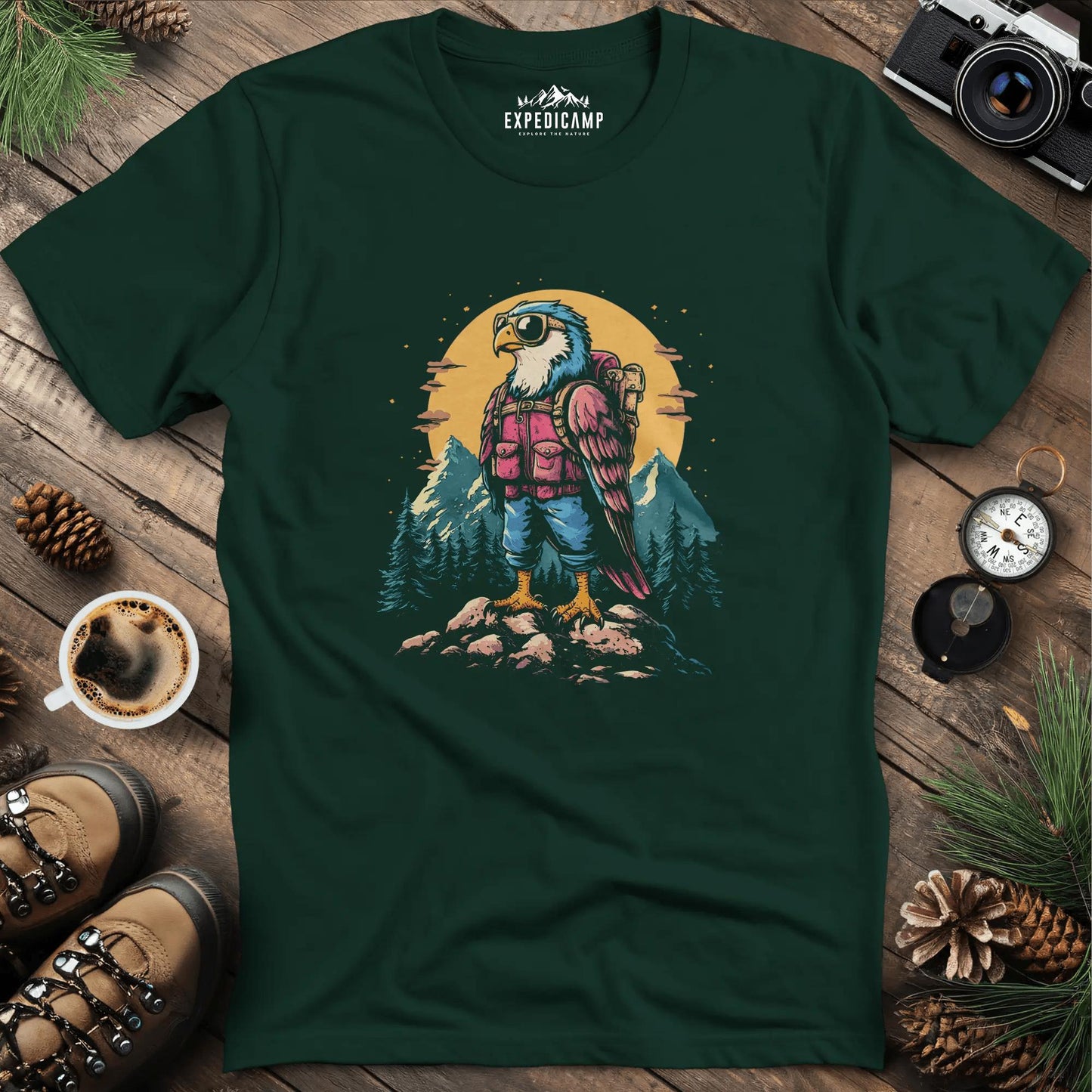 Backpacking Eagle T-Shirt – Majestic Eagle in the Wilderness Design – Forest Green – Outdoor apparel for travel, hiking, camping, and nature lovers – ExpediCamp