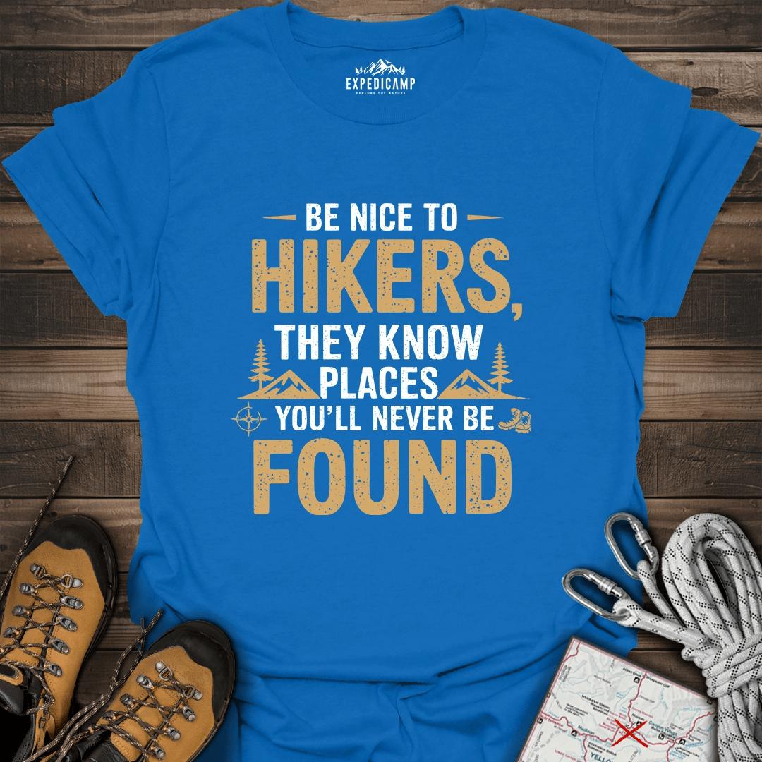 Be Nice To Hikers T-Shirt – Royal – Outdoor apparel for travel, hiking, camping, and nature lovers – ExpediCamp