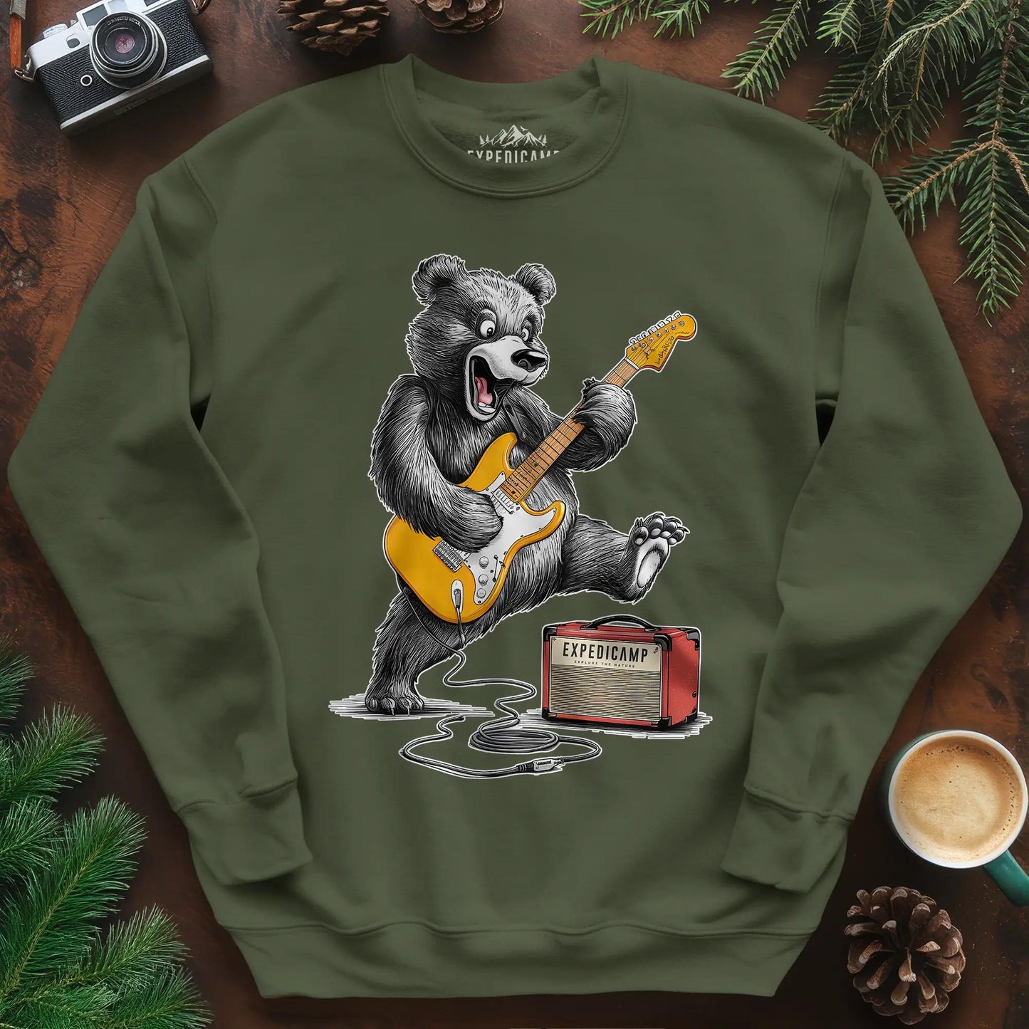 Bear Amp Rock Sweatshirt – Military Green – Outdoor apparel for travel, hiking, camping, and nature lovers – ExpediCamp