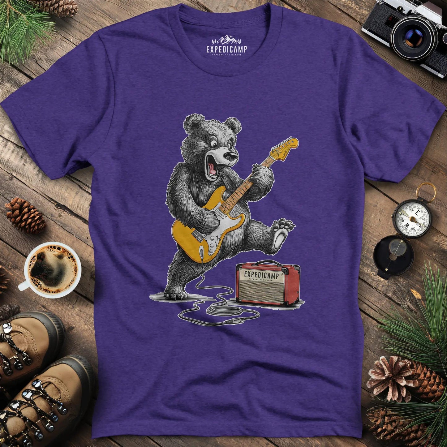 Bear Amp Rock T-Shirt – Heather Purple – Outdoor apparel for travel, hiking, camping, and nature lovers – ExpediCamp