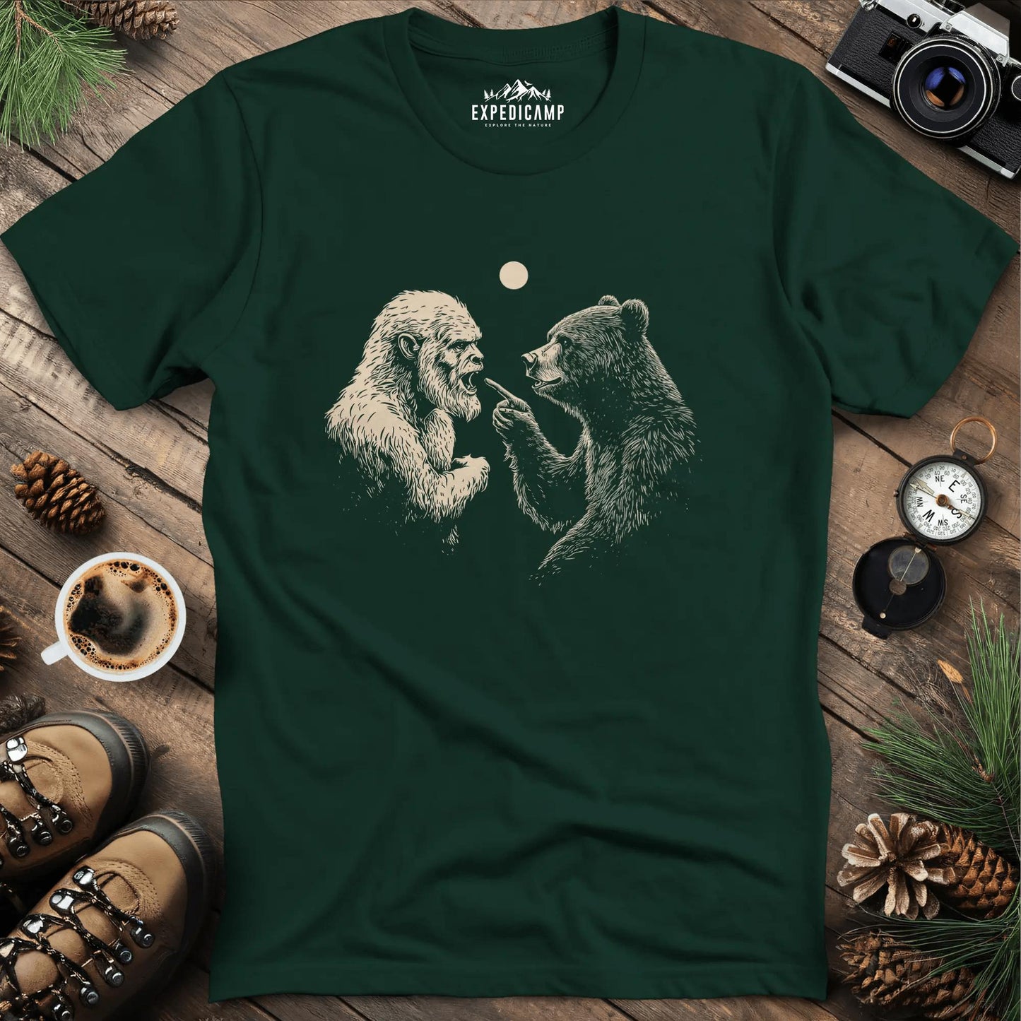 Bear and Bigfoot Argument T-Shirt – Wilderness Debate – Forest Green – Outdoor apparel for travel, hiking, camping, and nature lovers – ExpediCamp