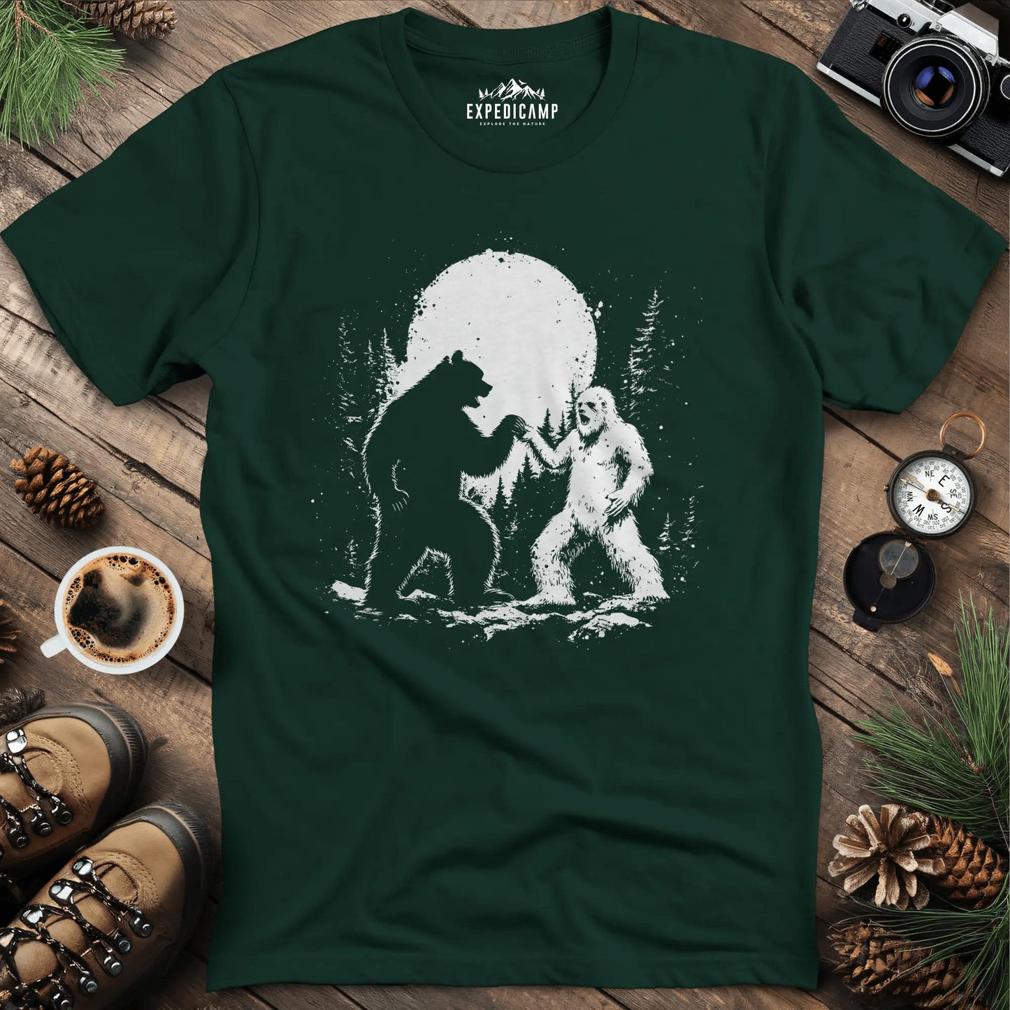 Bear and Bigfoot Dancing T-Shirt – Dancing Under the Moonlight Design – Forest Green – Outdoor apparel for travel, hiking, camping, and nature lovers – ExpediCamp
