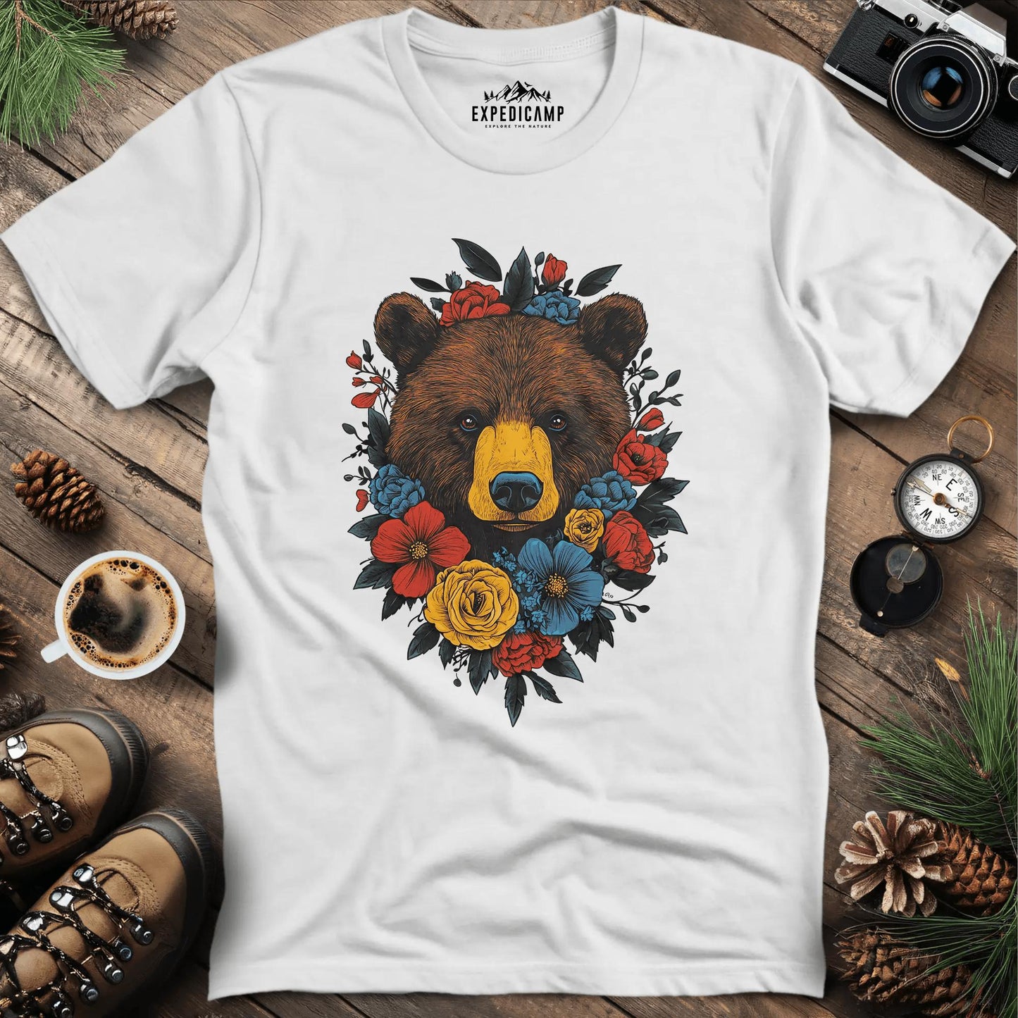 Bear and Colorful Blossoms T-Shirt – White – Outdoor apparel for travel, hiking, camping, and nature lovers – ExpediCamp