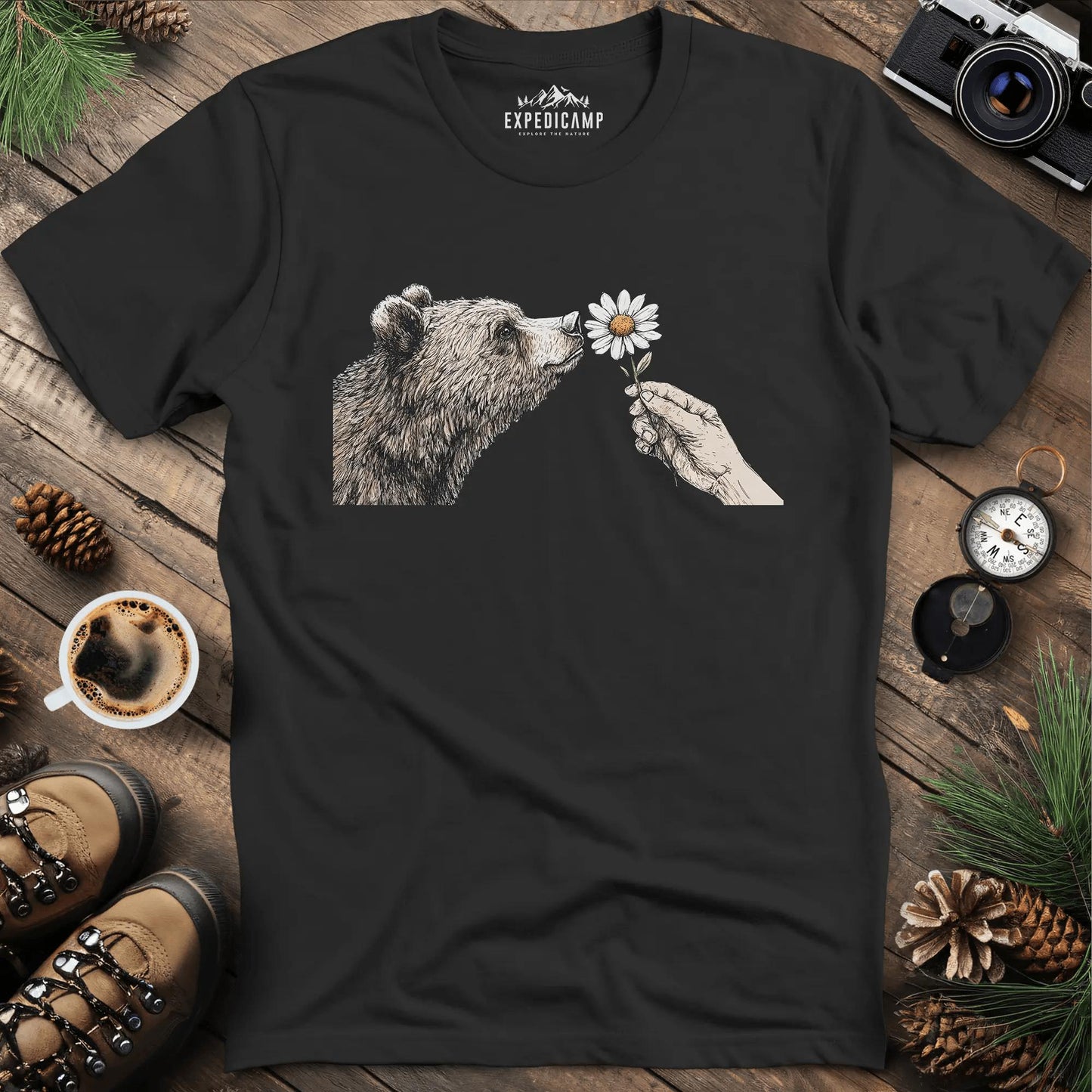 Bear and Daisy T-Shirt – Black – Outdoor apparel for travel, hiking, camping, and nature lovers – ExpediCamp