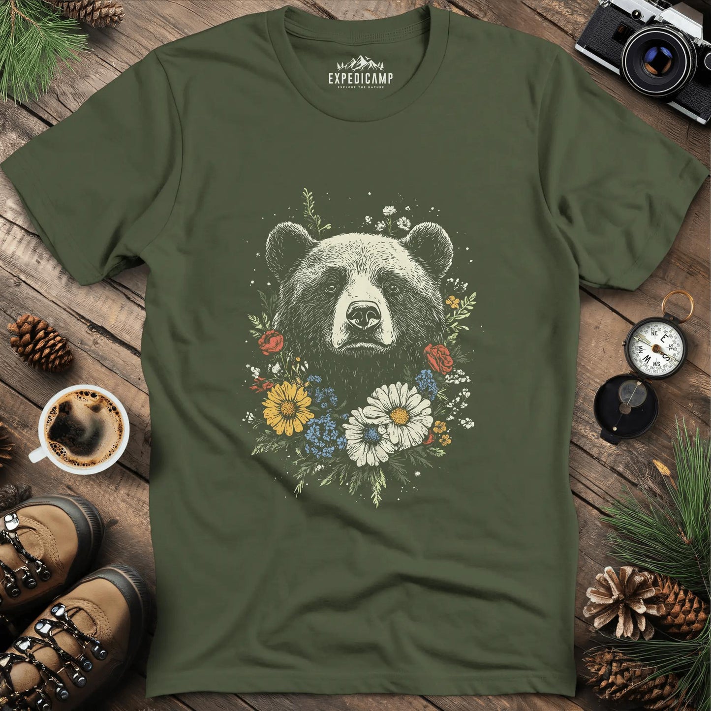 Bear and Flowers T-Shirt Majestic Wildlife Art – Military Green – Outdoor apparel for travel, hiking, camping, and nature lovers – ExpediCamp