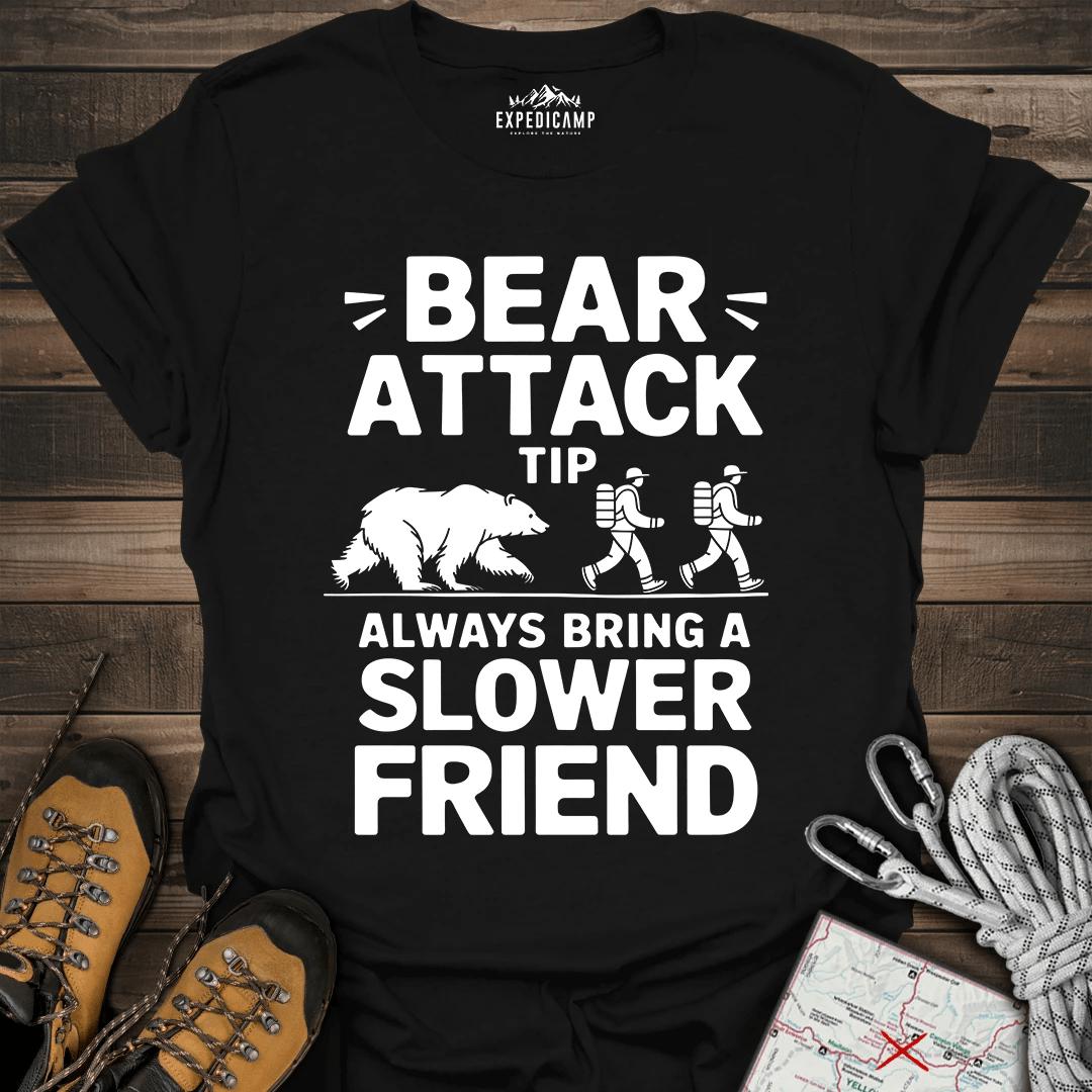 Bear Attack Tip Always Bring Slower Friend T-Shirt – Black – Outdoor apparel for travel, hiking, camping, and nature lovers – ExpediCamp