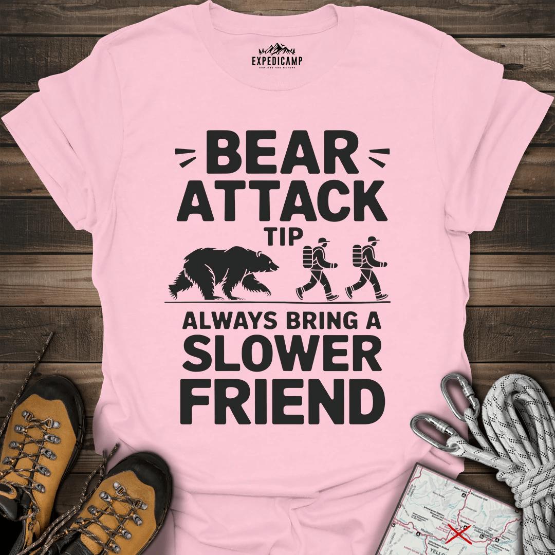 Bear Attack Tip Always Bring Slower Friend T-Shirt – Light Pink – Outdoor apparel for travel, hiking, camping, and nature lovers – ExpediCamp
