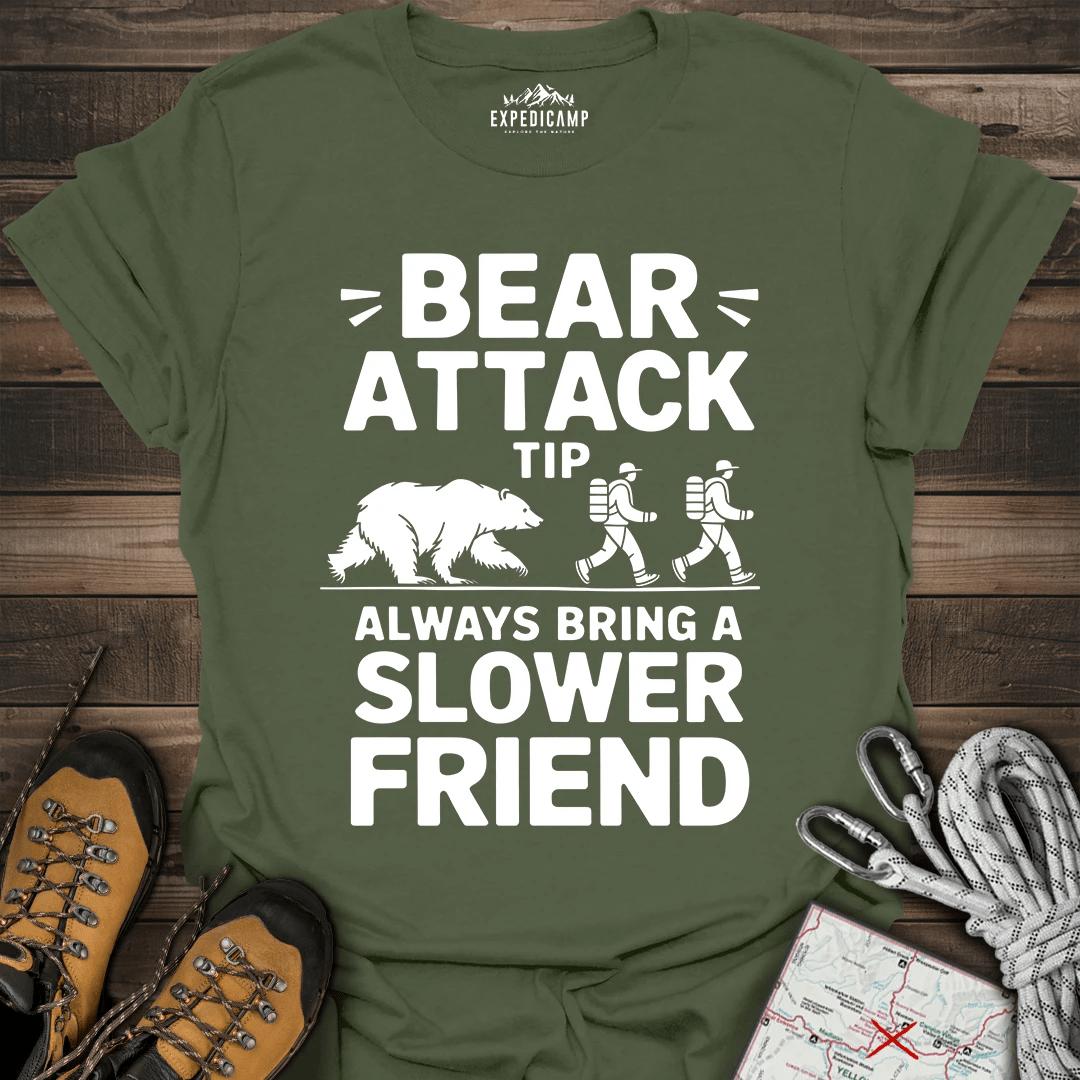 Bear Attack Tip Always Bring Slower Friend T-Shirt – Military Green – Outdoor apparel for travel, hiking, camping, and nature lovers – ExpediCamp