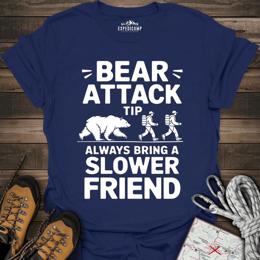 Bear Attack Tip Always Bring Slower Friend T-Shirt – Navy – Outdoor apparel for travel, hiking, camping, and nature lovers – ExpediCamp