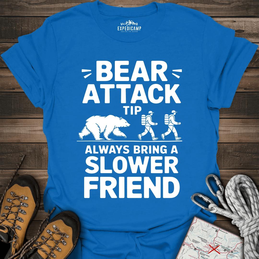 Bear Attack Tip Always Bring Slower Friend T-Shirt – Royal – Outdoor apparel for travel, hiking, camping, and nature lovers – ExpediCamp