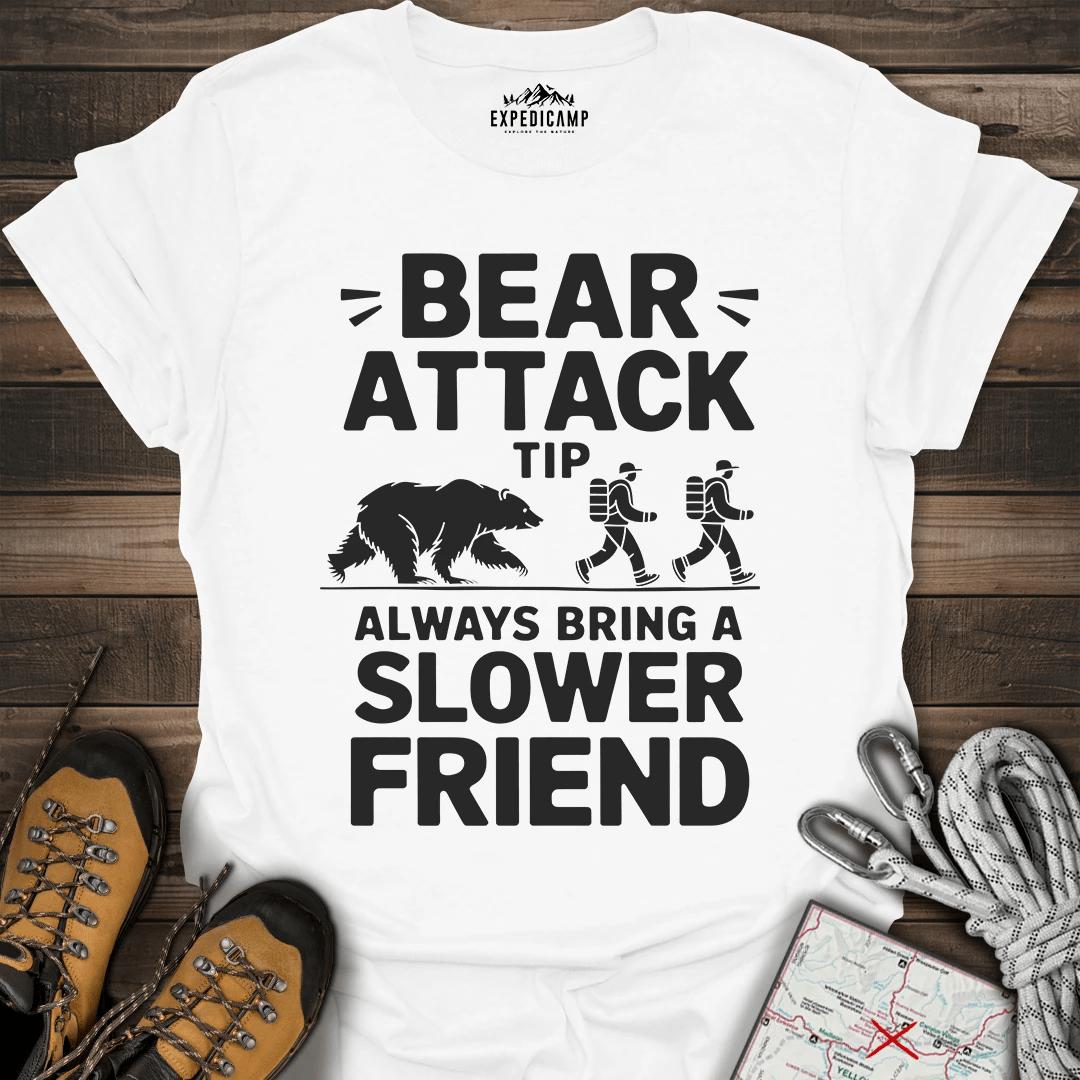 Bear Attack Tip Always Bring Slower Friend T-Shirt – White – Outdoor apparel for travel, hiking, camping, and nature lovers – ExpediCamp