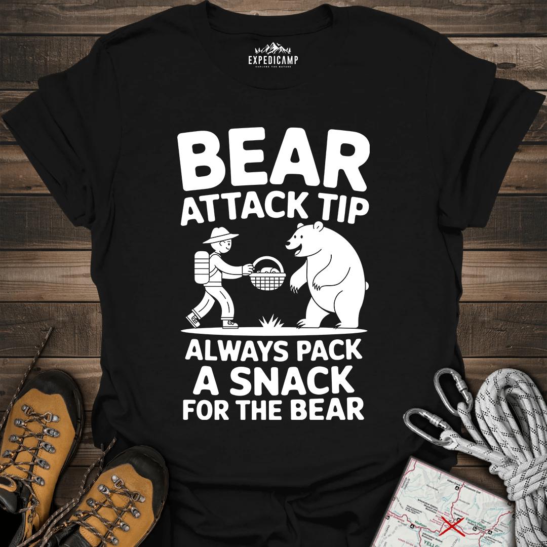 Bear Attack Tip Always Pack A Snack T-Shirt – Black – Outdoor apparel for travel, hiking, camping, and nature lovers – ExpediCamp
