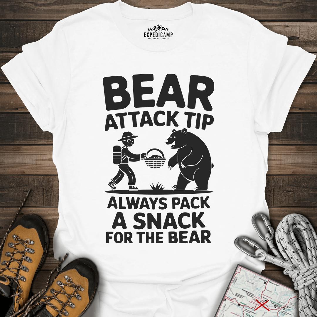 Bear Attack Tip Always Pack A Snack T-Shirt – White – Outdoor apparel for travel, hiking, camping, and nature lovers – ExpediCamp