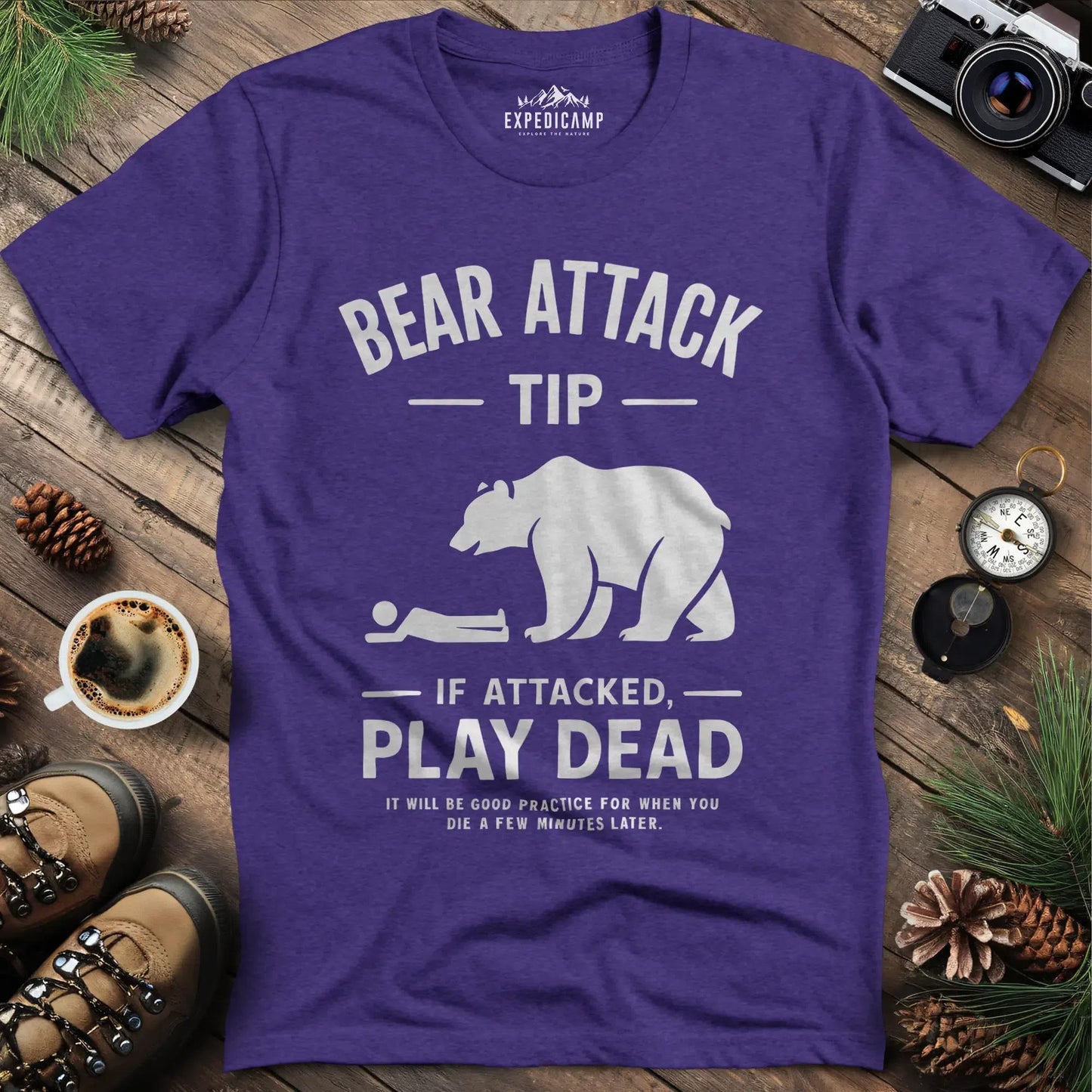 Bear Attack Tip If Attacked Play Dead T-Shirt – Heather Purple – Outdoor apparel for travel, hiking, camping, and nature lovers – ExpediCamp