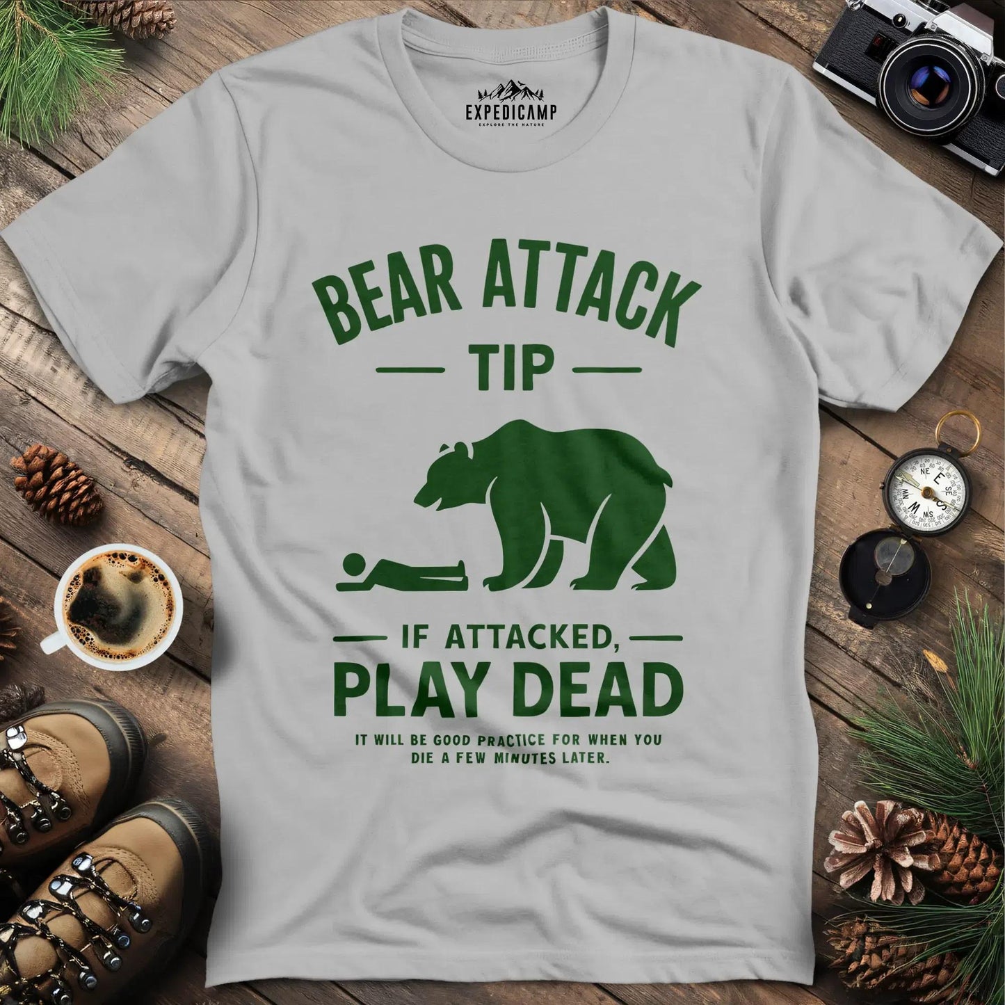 Bear Attack Tip If Attacked Play Dead T-Shirt – Ice Grey – Outdoor apparel for travel, hiking, camping, and nature lovers – ExpediCamp
