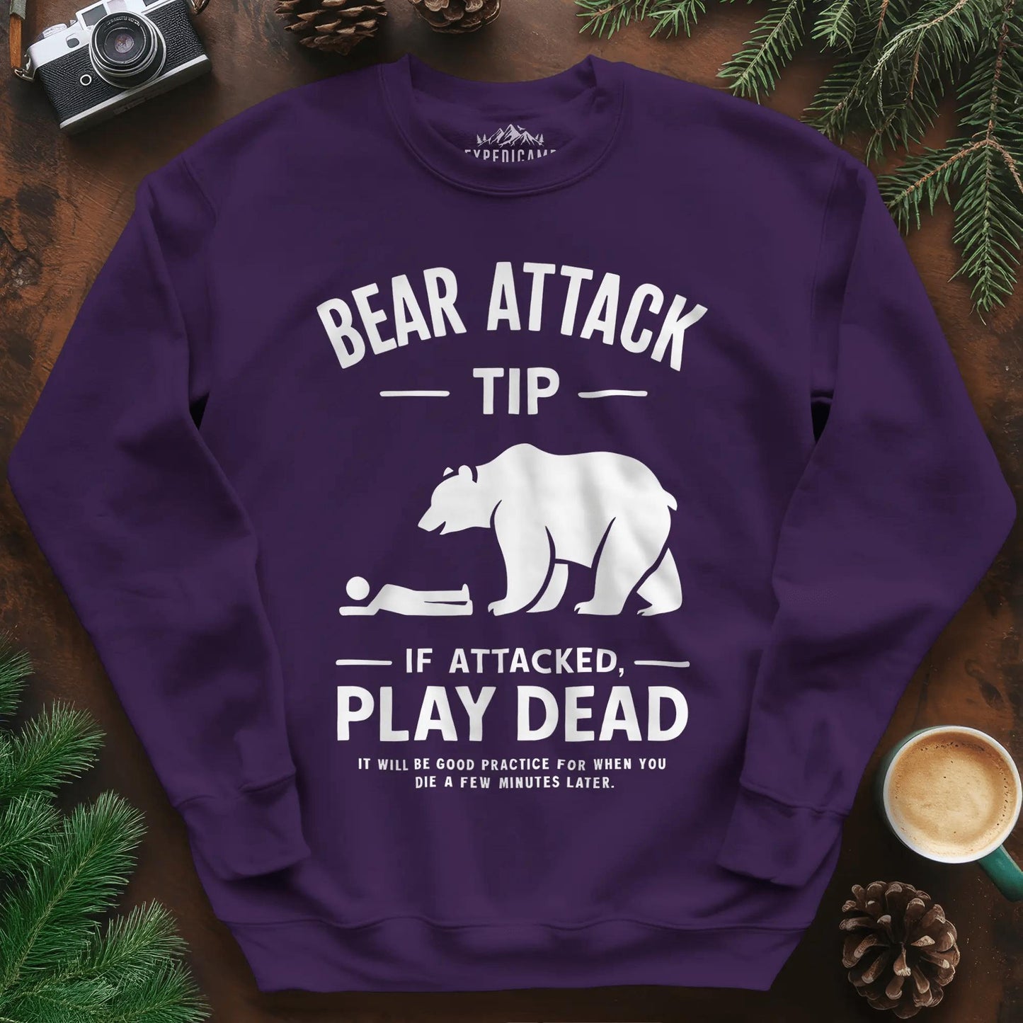 Bear Attack Tip Sweatshirt – Funny Wilderness Survival Sweatshirt – Purple – Outdoor apparel for travel, hiking, camping, and nature lovers – ExpediCamp