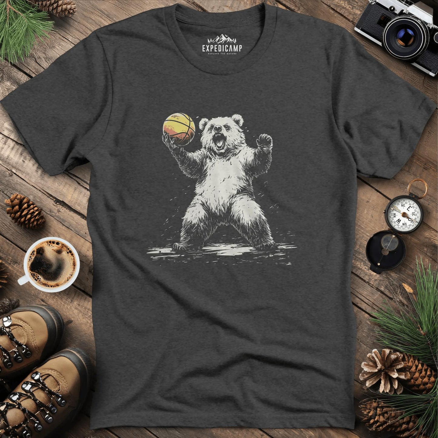 Bear Basketball T-Shirt – Dark Heather – Outdoor apparel for travel, hiking, camping, and nature lovers – ExpediCamp
