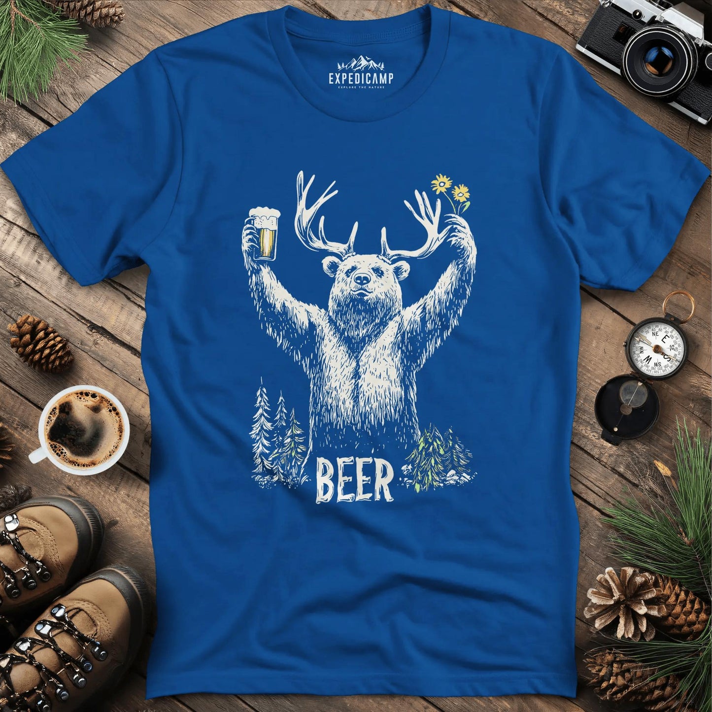 Bear Beer T-Shirt - Fun Outdoor Design – Royal – Outdoor apparel for travel, hiking, camping, and nature lovers – ExpediCamp