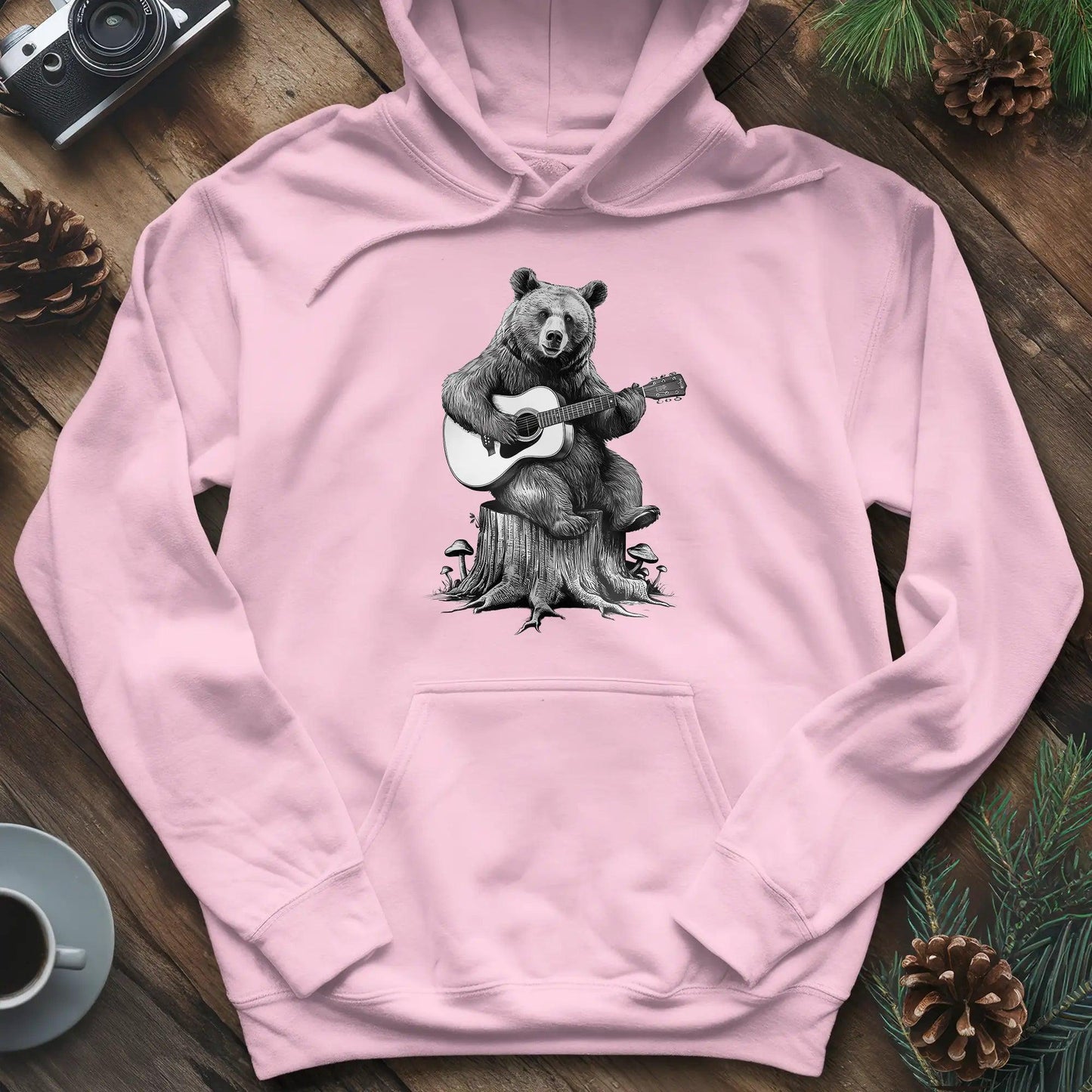 Bear Guitar Hoodie – Light Pink – Outdoor apparel for travel, hiking, camping, and nature lovers – ExpediCamp