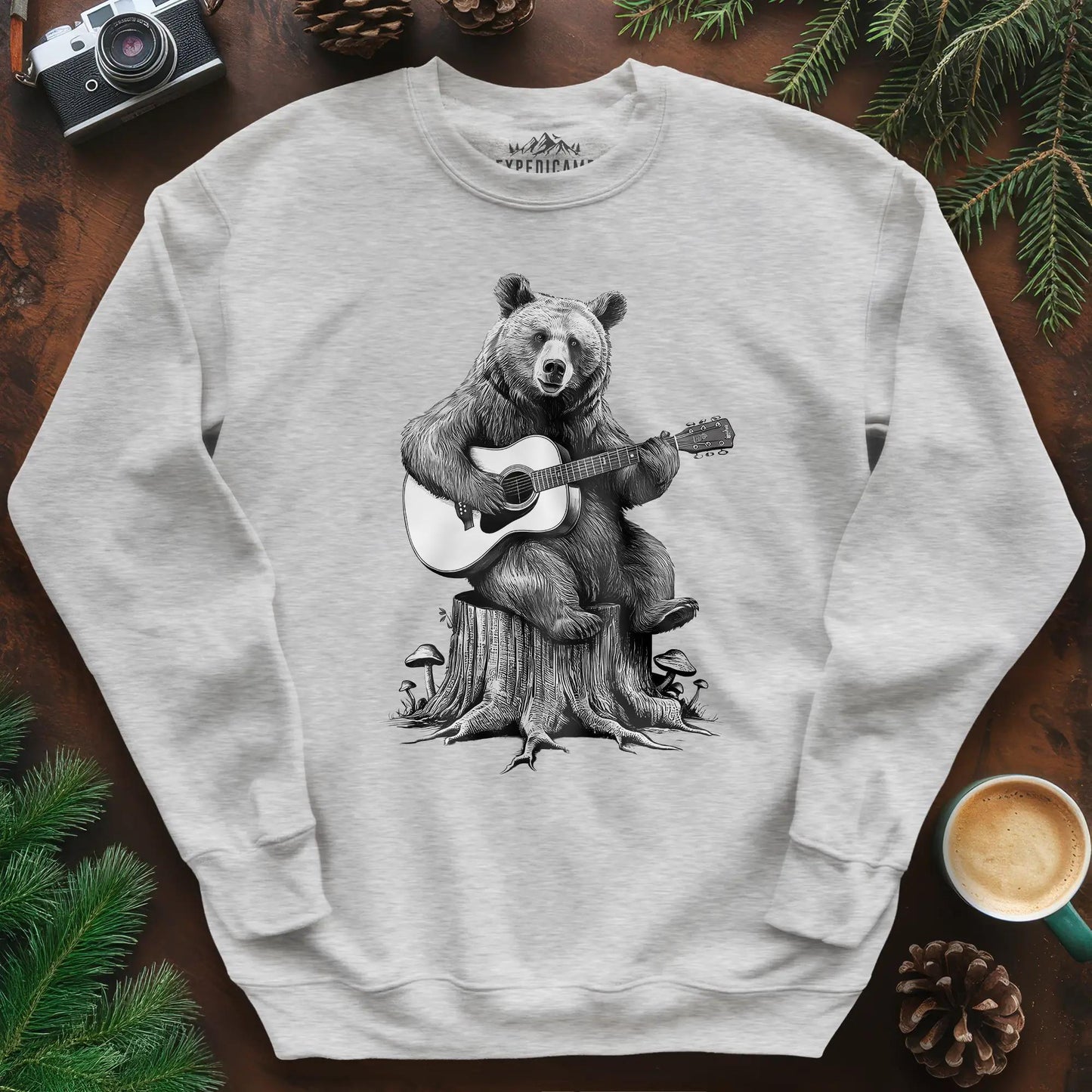 Bear Guitar Sweatshirt – Ash – Outdoor apparel for travel, hiking, camping, and nature lovers – ExpediCamp