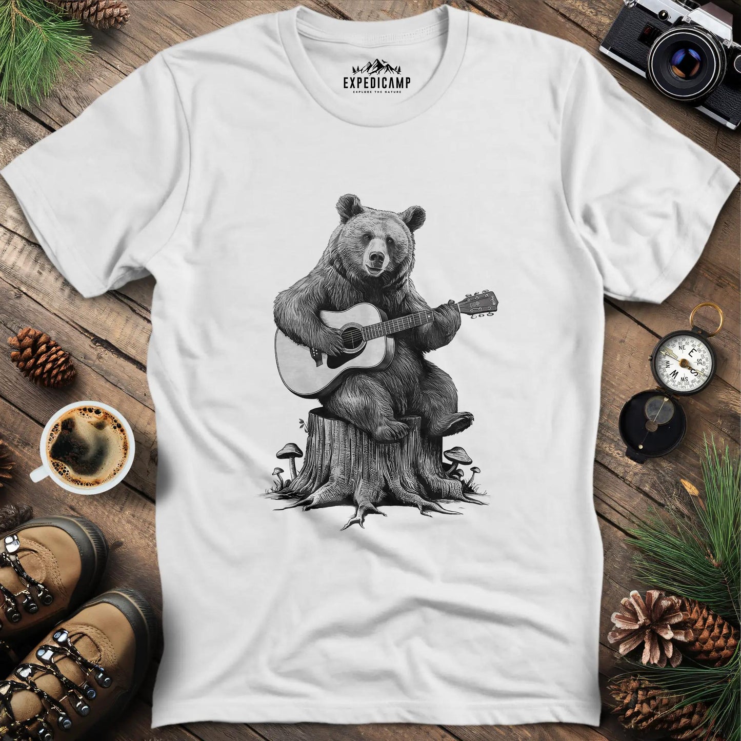 Bear Guitar T-Shirt – White – Outdoor apparel for travel, hiking, camping, and nature lovers – ExpediCamp