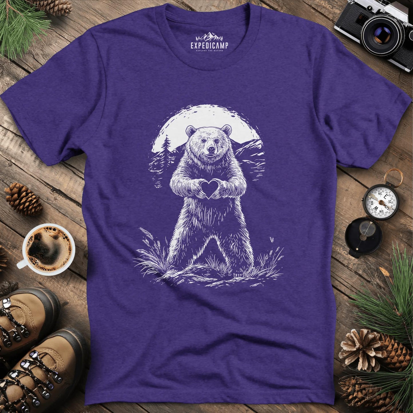Bear Heart T-Shirt – Wilderness Love Design – Heather Purple – Outdoor apparel for travel, hiking, camping, and nature lovers – ExpediCamp