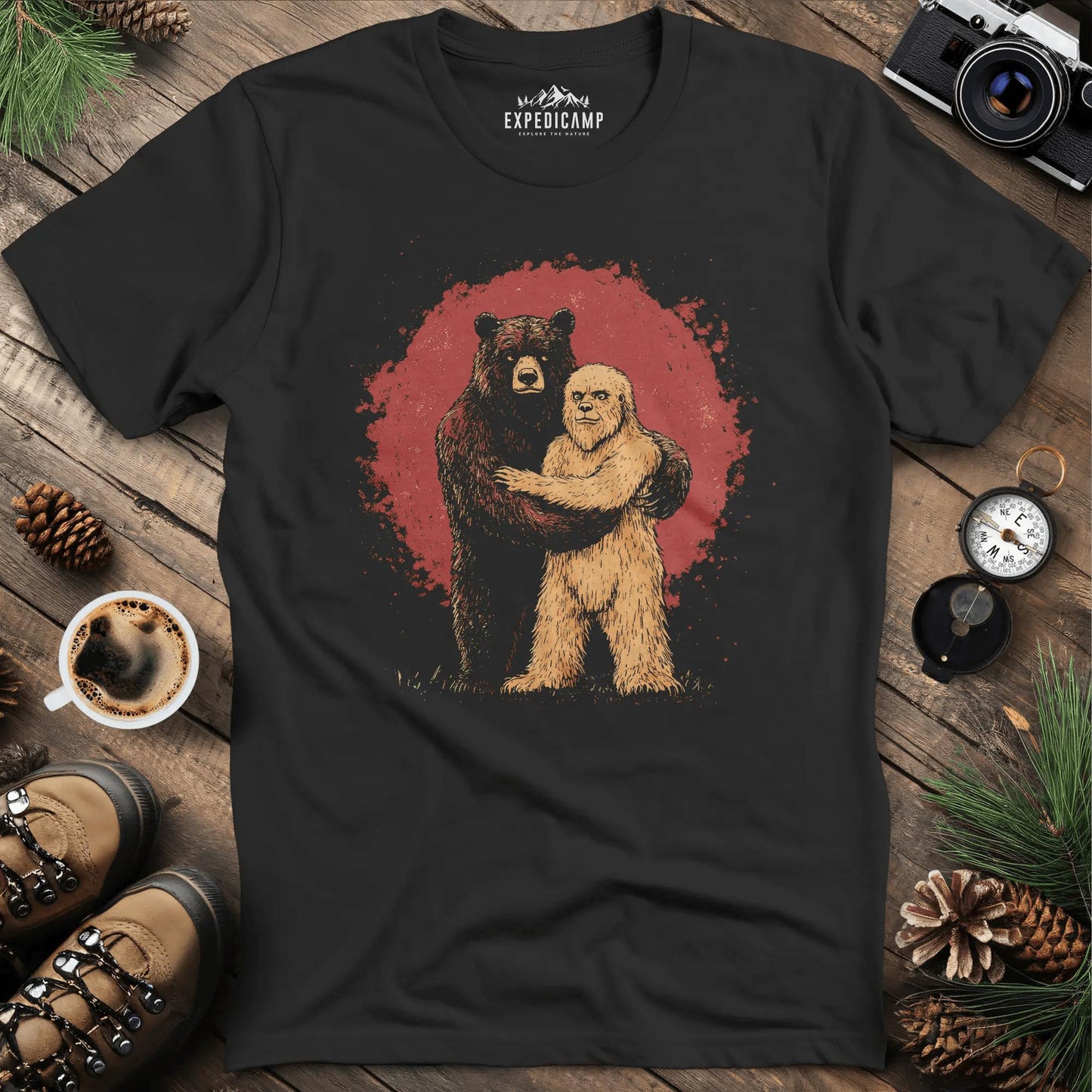 Bear Hugging Bigfoot T-Shirt – Unlikely Wilderness Friendship – Black – Outdoor apparel for travel, hiking, camping, and nature lovers – ExpediCamp