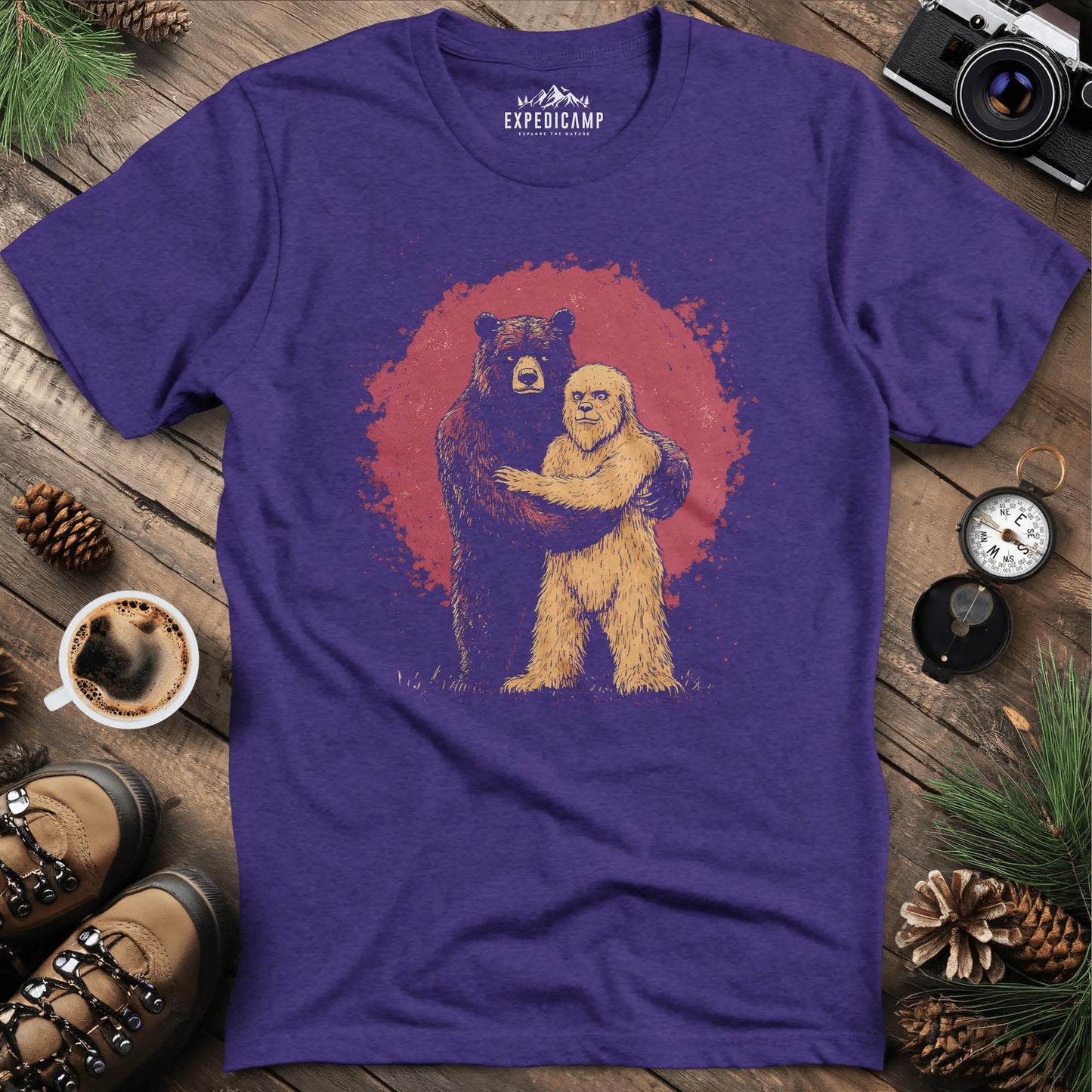 Bear Hugging Bigfoot T-Shirt – Unlikely Wilderness Friendship – Heather Purple – Outdoor apparel for travel, hiking, camping, and nature lovers – ExpediCamp