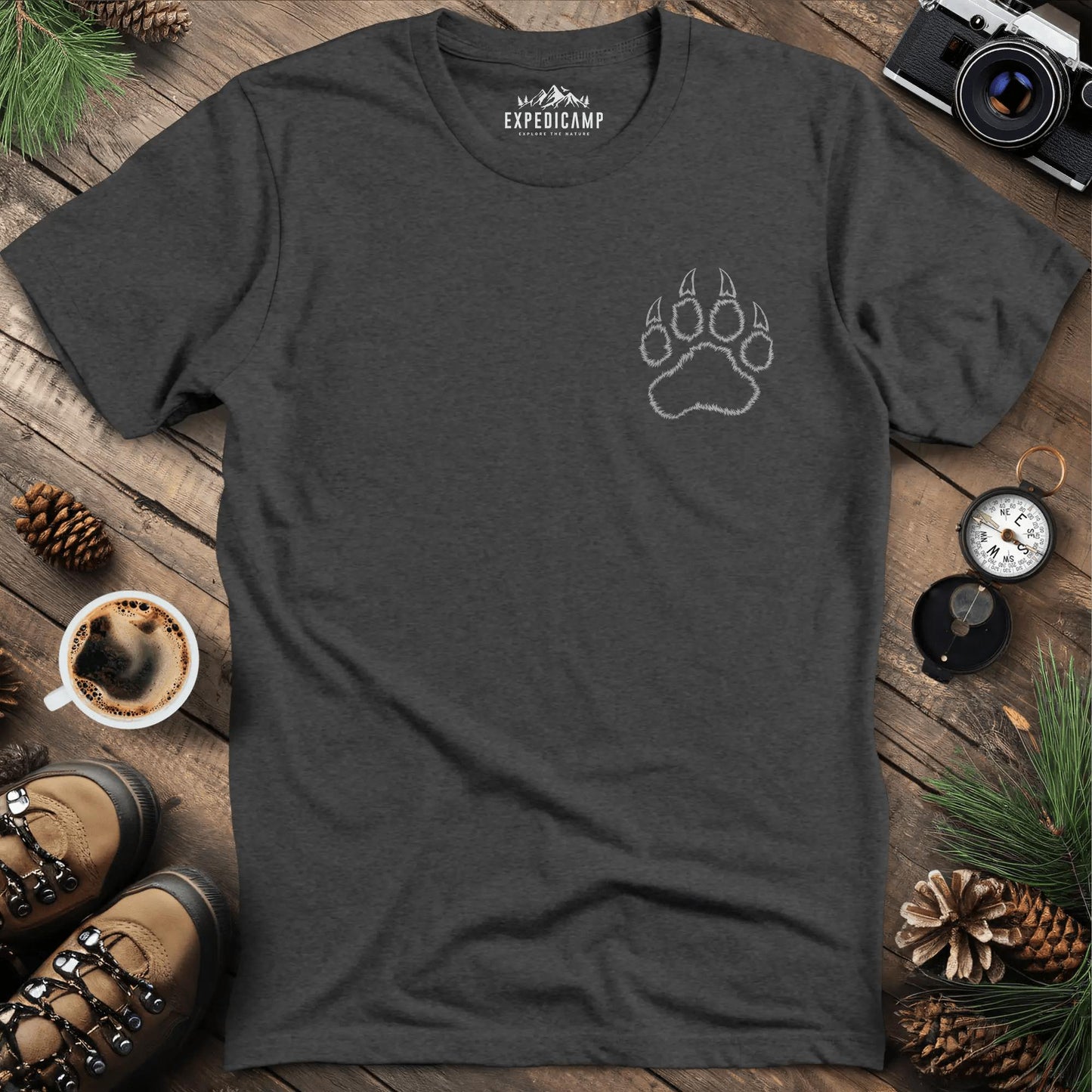 Bear Paw Print T-Shirt – Dark Heather – Outdoor apparel for travel, hiking, camping, and nature lovers – ExpediCamp