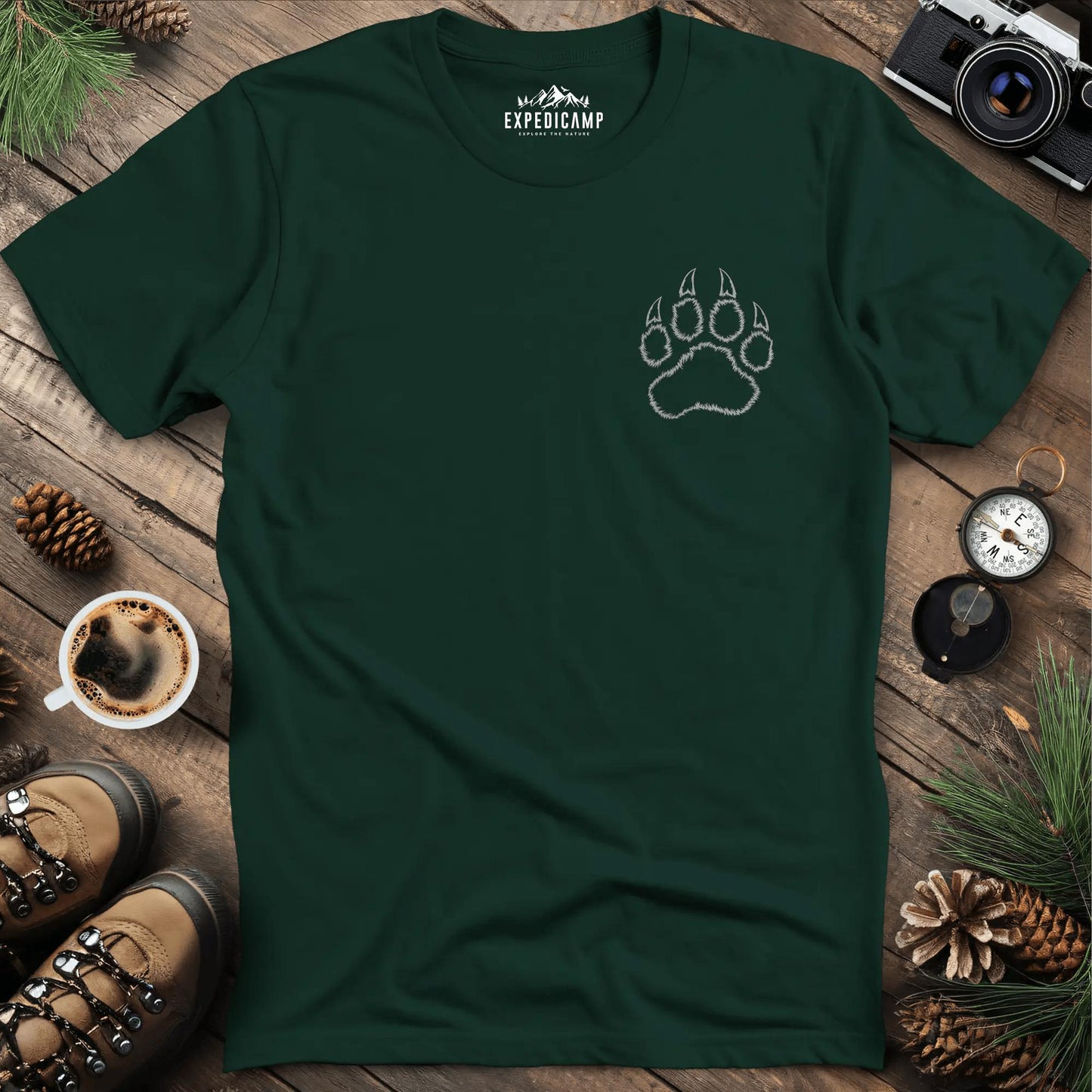 Bear Paw Print T-Shirt – Forest Green – Outdoor apparel for travel, hiking, camping, and nature lovers – ExpediCamp