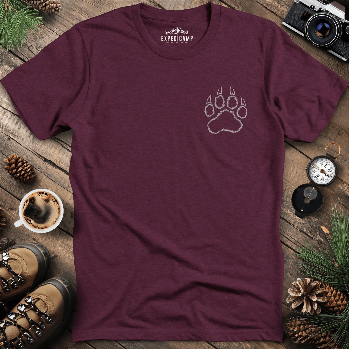 Bear Paw Print T-Shirt – Heather Maroon – Outdoor apparel for travel, hiking, camping, and nature lovers – ExpediCamp