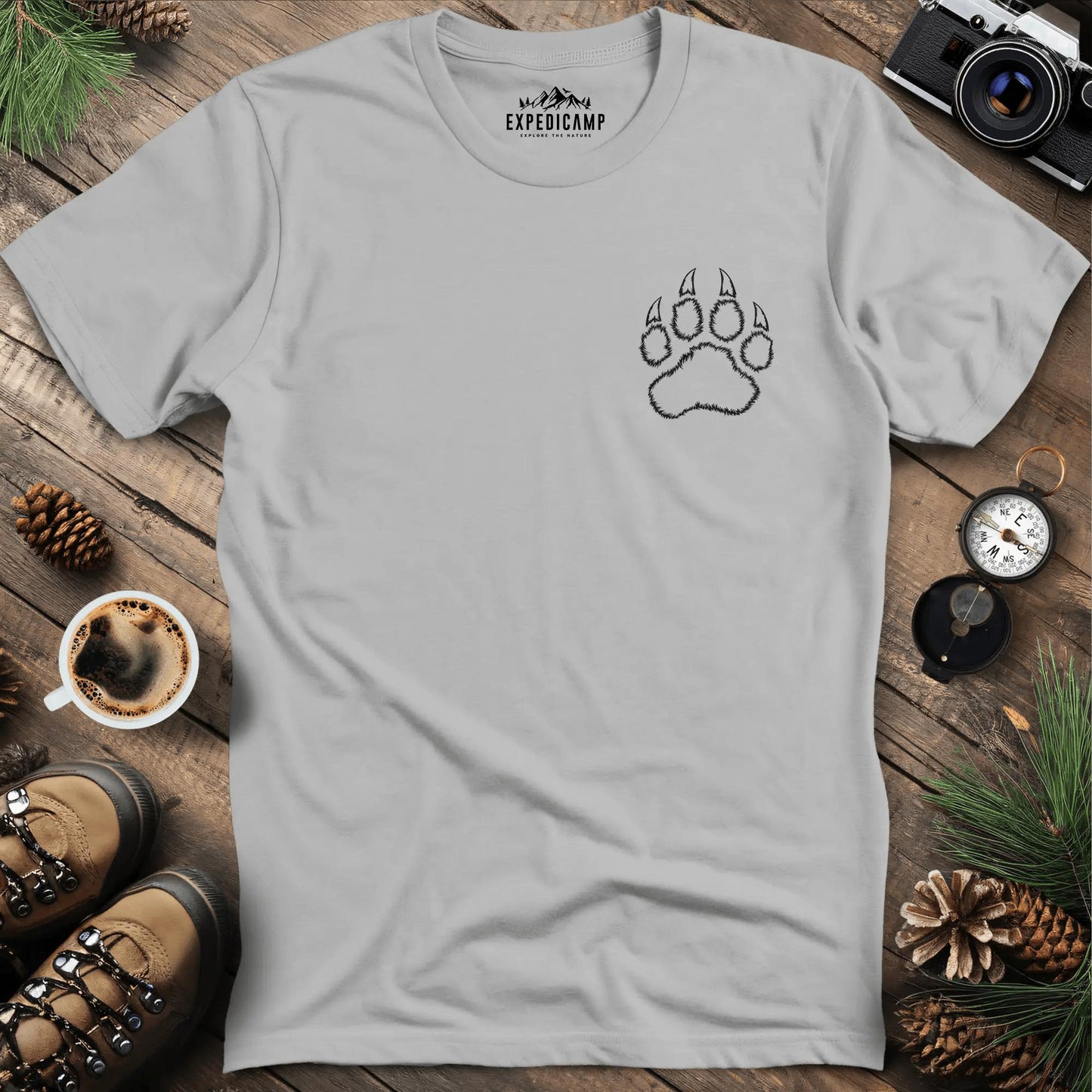Bear Paw Print T-Shirt – Ice Grey – Outdoor apparel for travel, hiking, camping, and nature lovers – ExpediCamp