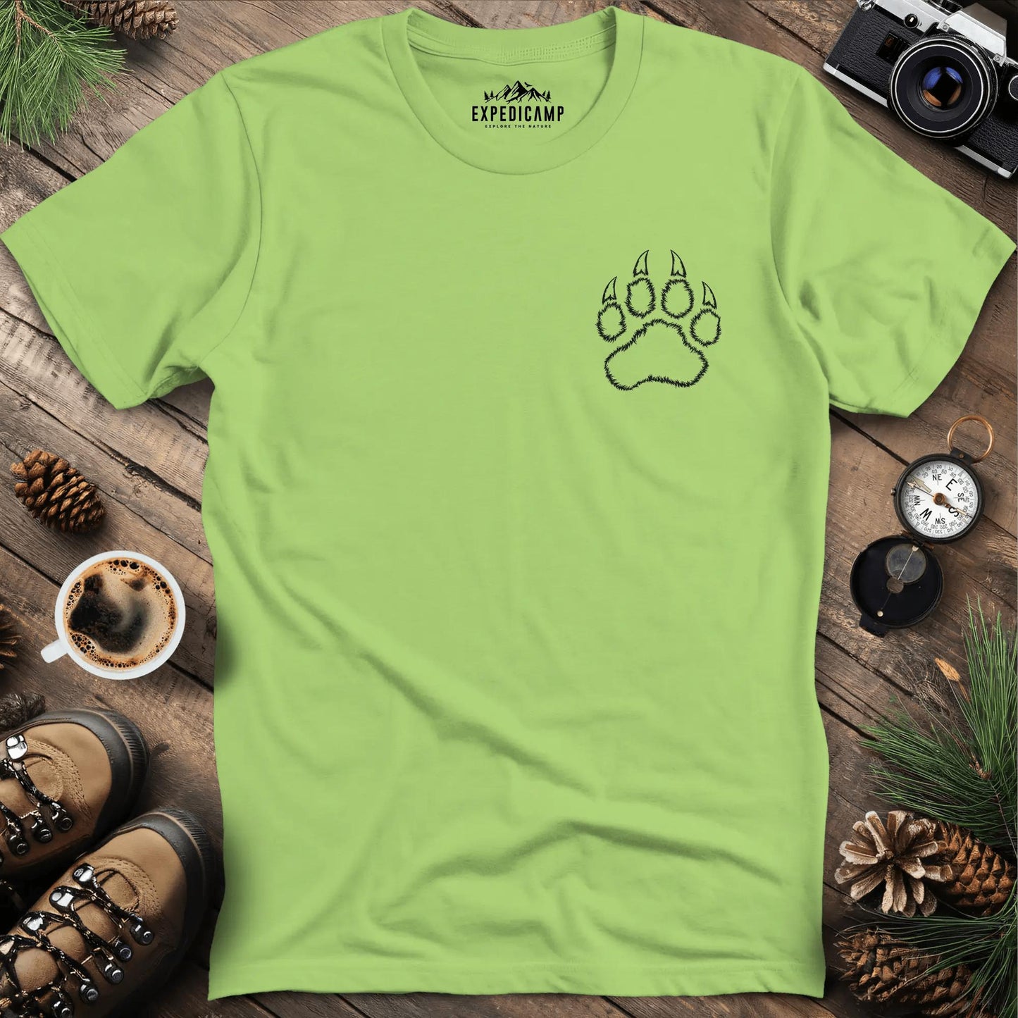 Bear Paw Print T-Shirt – Kiwi – Outdoor apparel for travel, hiking, camping, and nature lovers – ExpediCamp