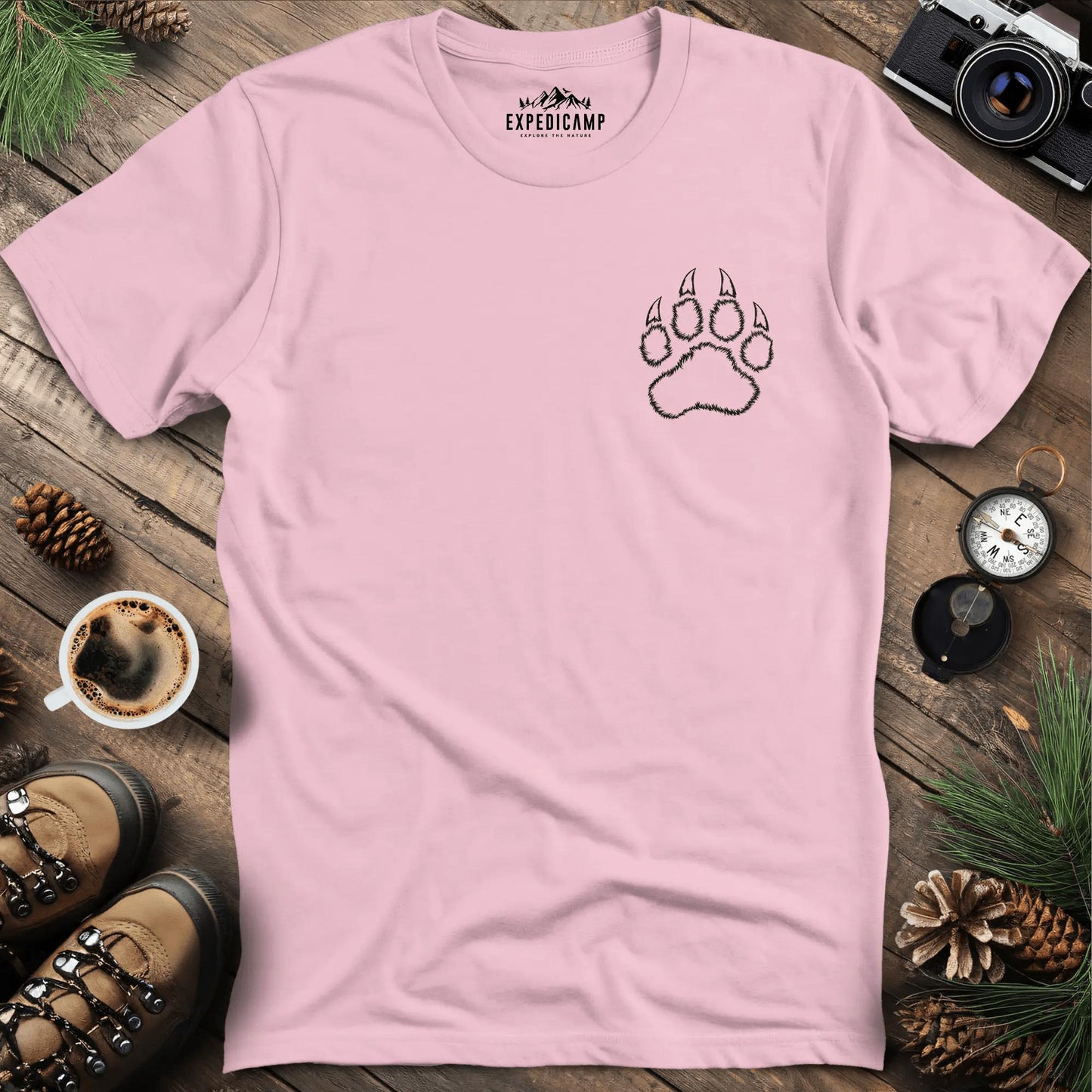Bear Paw Print T-Shirt – Light Pink – Outdoor apparel for travel, hiking, camping, and nature lovers – ExpediCamp