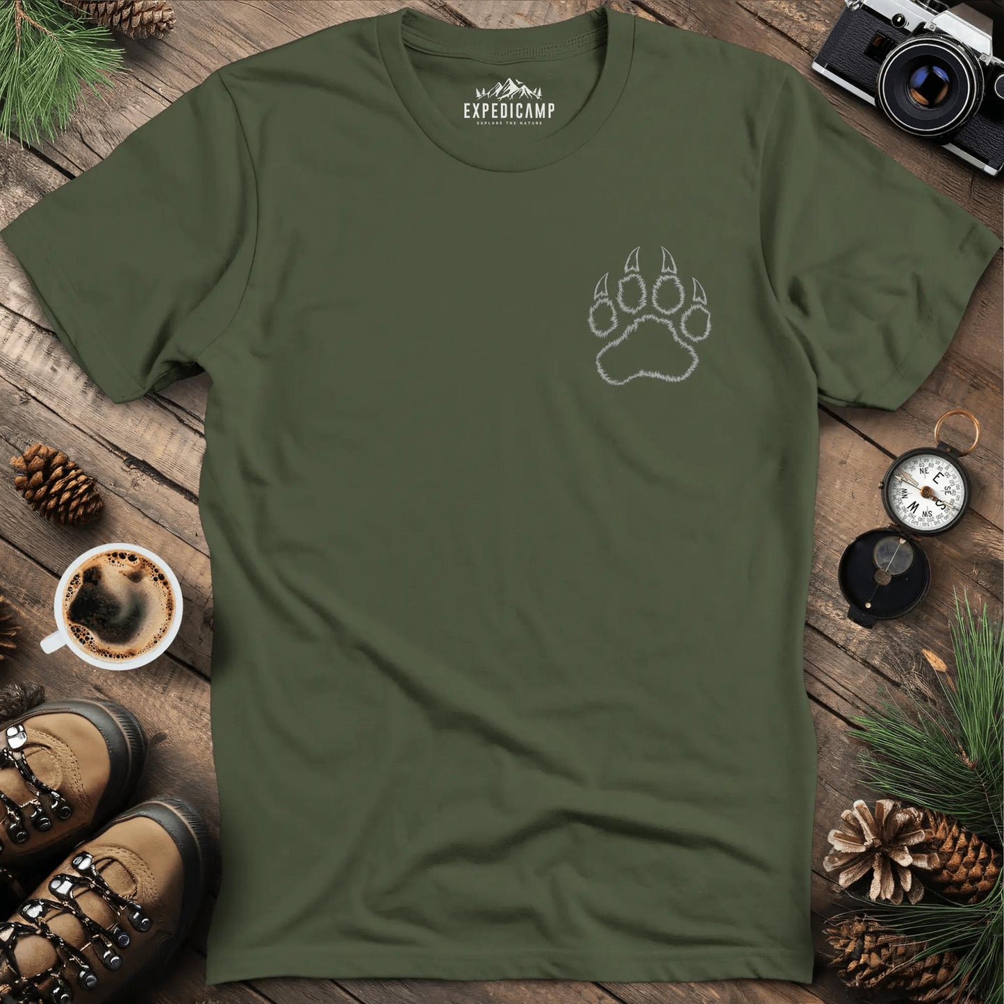 Bear Paw Print T-Shirt – Military Green – Outdoor apparel for travel, hiking, camping, and nature lovers – ExpediCamp