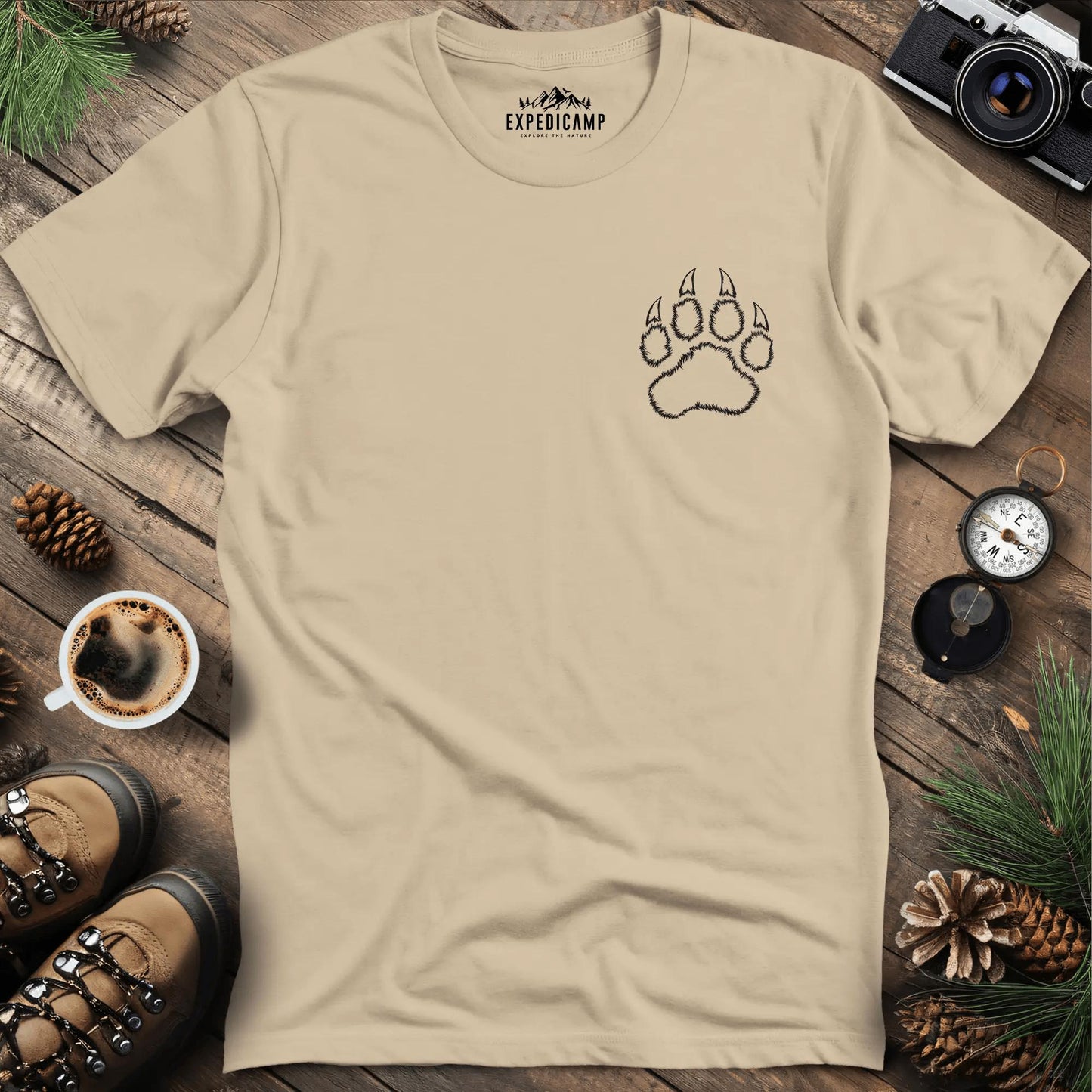 Bear Paw Print T-Shirt – Sand – Outdoor apparel for travel, hiking, camping, and nature lovers – ExpediCamp