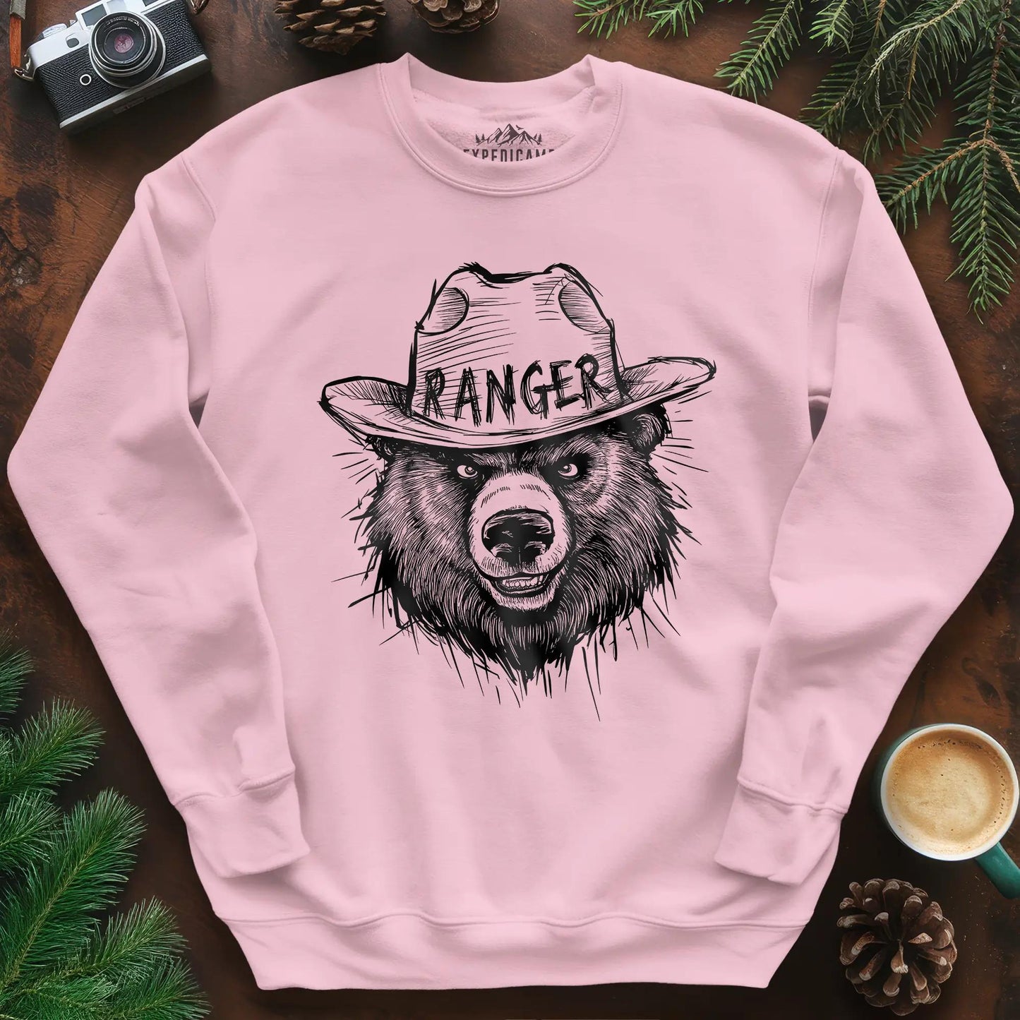 Bear Ranger Sweatshirt – Light Pink – Outdoor apparel for travel, hiking, camping, and nature lovers – ExpediCamp