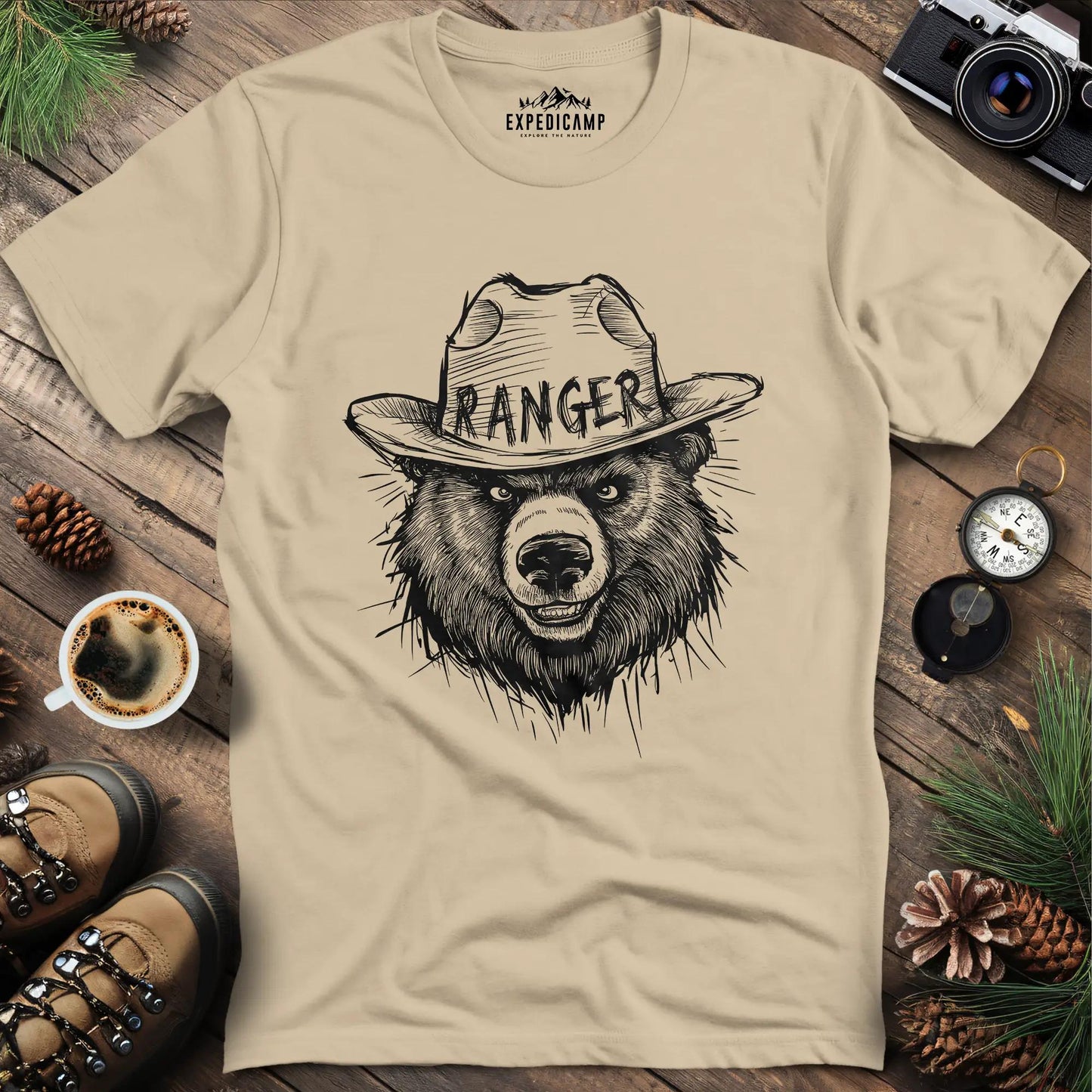 Bear Ranger T-Shirt – Sand – Outdoor apparel for travel, hiking, camping, and nature lovers – ExpediCamp