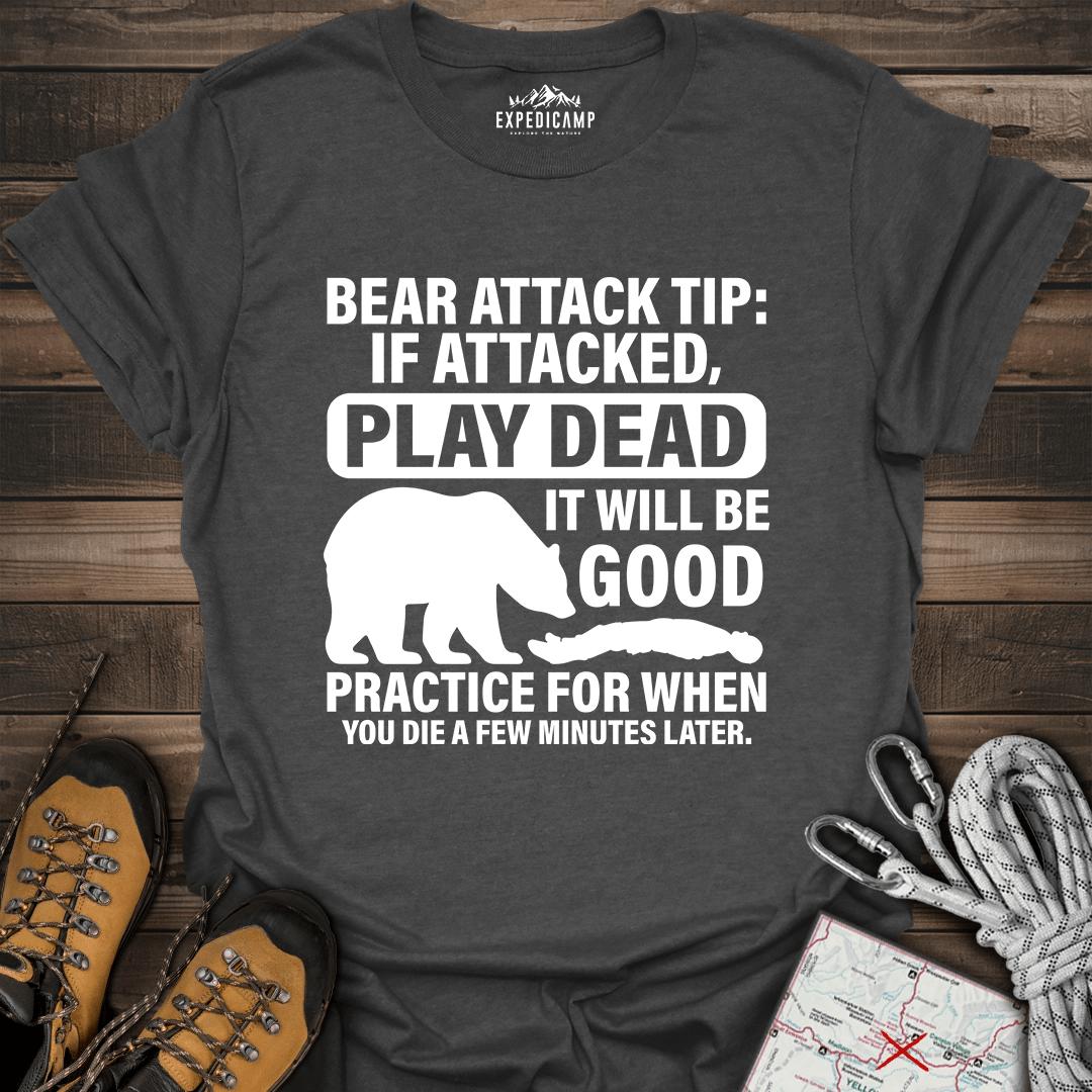 Bear Survival Tip If Attacked Play Dead T-Shirt – Dark Heather – Outdoor apparel for travel, hiking, camping, and nature lovers – ExpediCamp