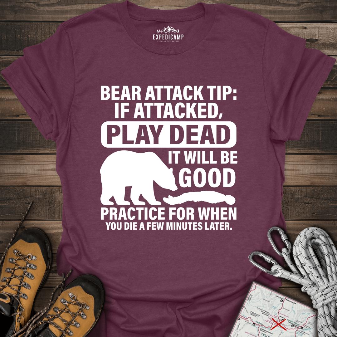 Bear Survival Tip If Attacked Play Dead T-Shirt – Heather Maroon – Outdoor apparel for travel, hiking, camping, and nature lovers – ExpediCamp