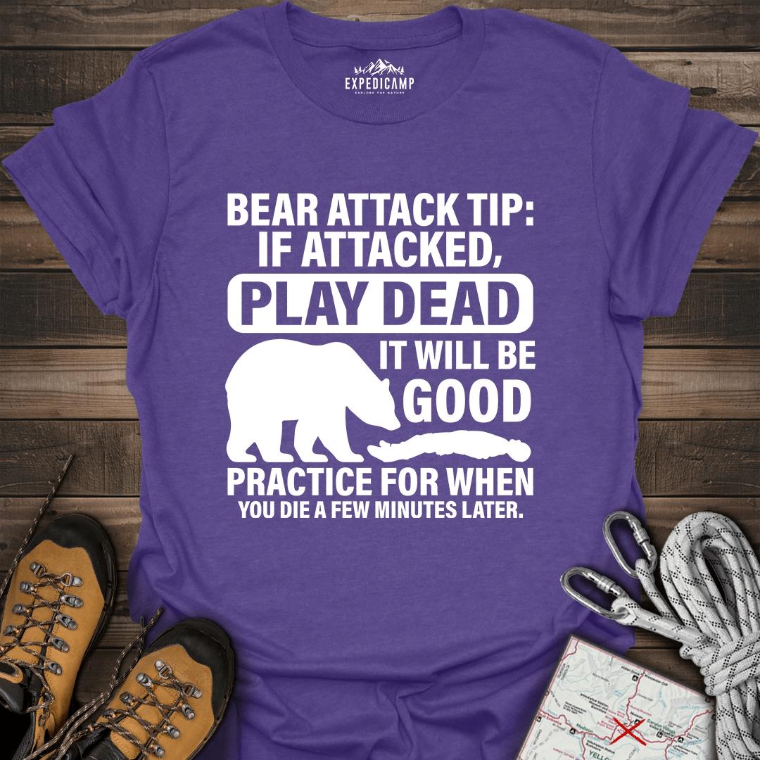 Bear Survival Tip If Attacked Play Dead T-Shirt – Heather Purple – Outdoor apparel for travel, hiking, camping, and nature lovers – ExpediCamp