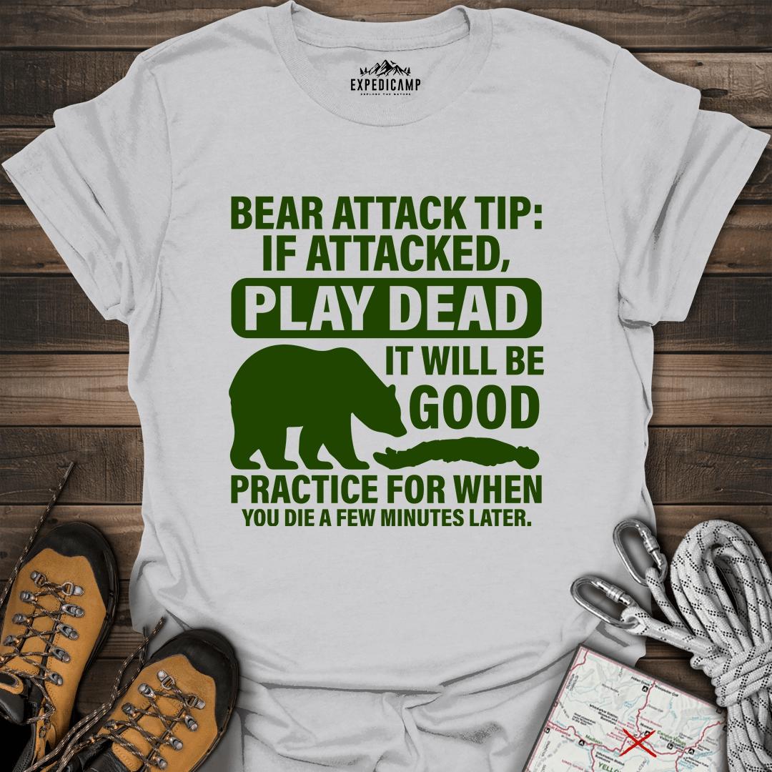 Bear Survival Tip If Attacked Play Dead T-Shirt – Ice Grey – Outdoor apparel for travel, hiking, camping, and nature lovers – ExpediCamp