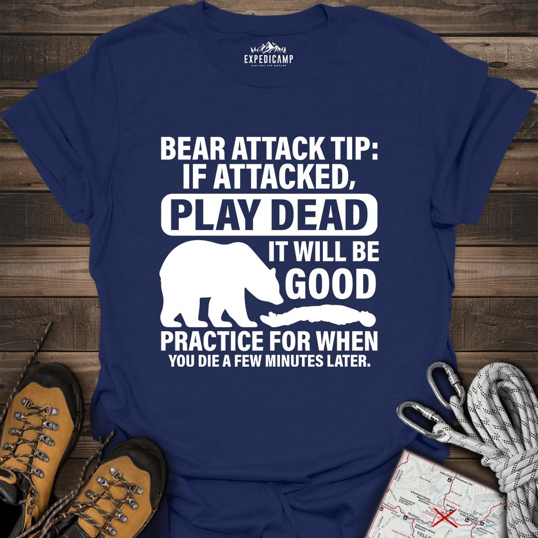Bear Survival Tip If Attacked Play Dead T-Shirt – Navy – Outdoor apparel for travel, hiking, camping, and nature lovers – ExpediCamp